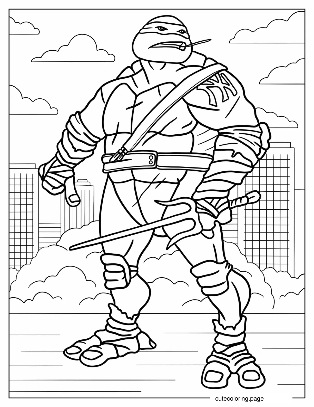 Angry Raphael Holding Sword On Rooftop coloring page