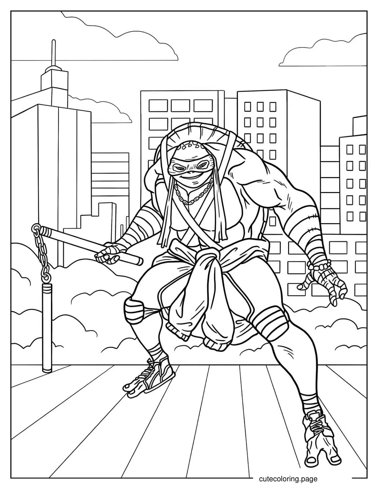 Coloring Page Of Michelangelo Using Nunchucks In City coloring page