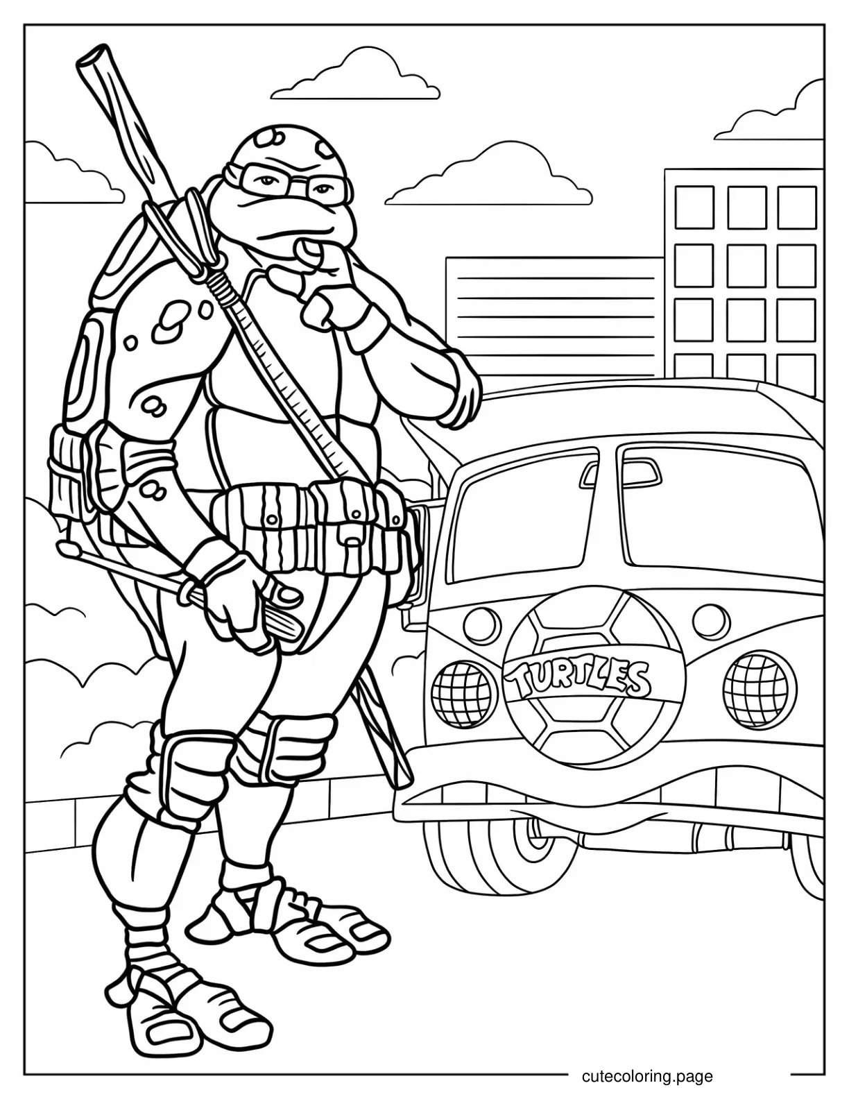 Donatello Standing In Front Of Turtle Van Coloring Page coloring page