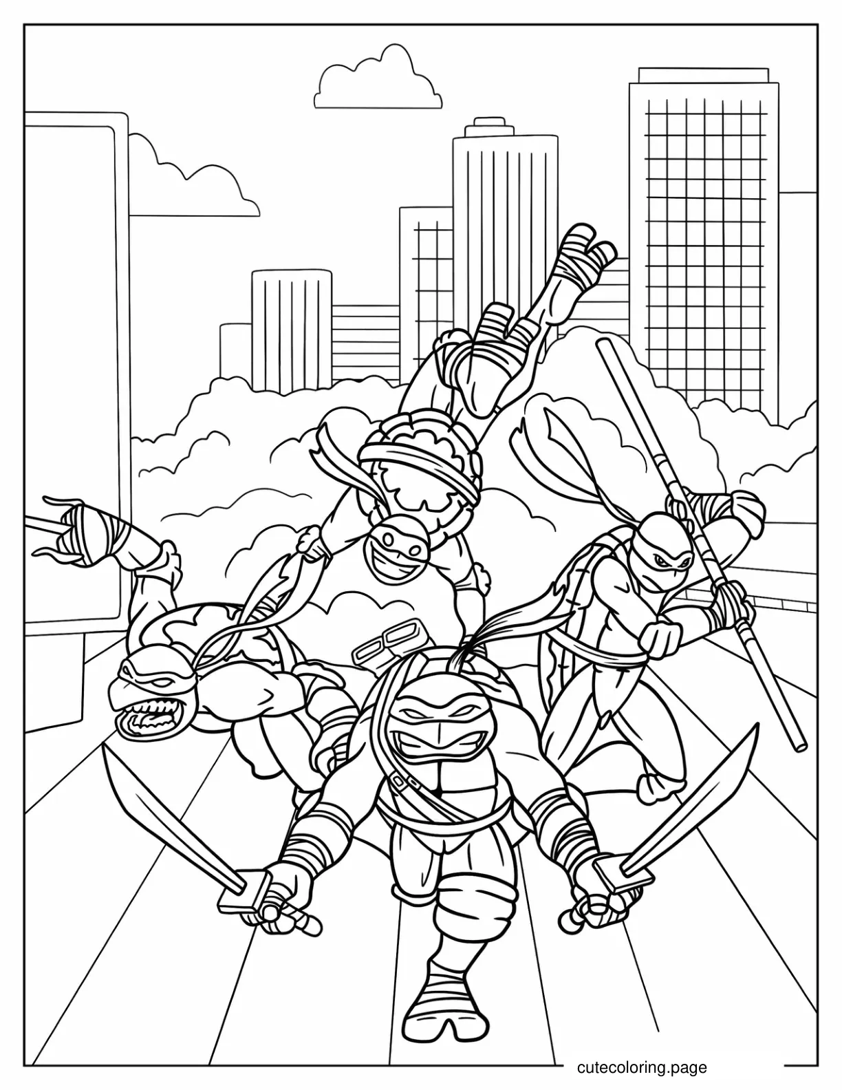 Raphael Donatello Michelangelo And Leonardo Charging At Enemy coloring page