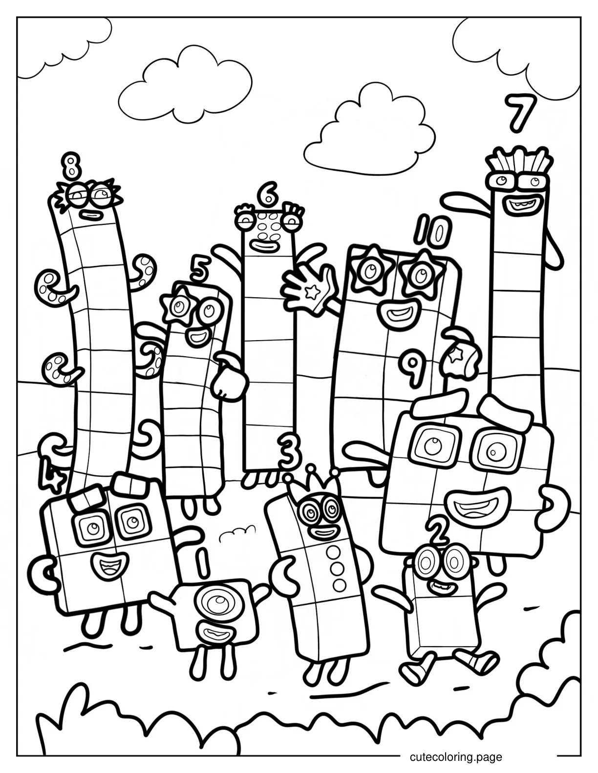 Numberblocks 1 to 10 Waving coloring page