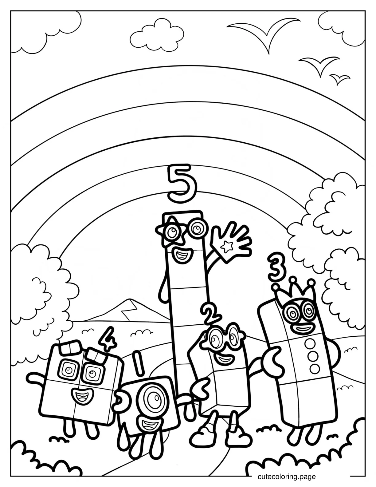 Numberblocks 1 to 5 In Nature With Rainbow Coloring Page coloring page