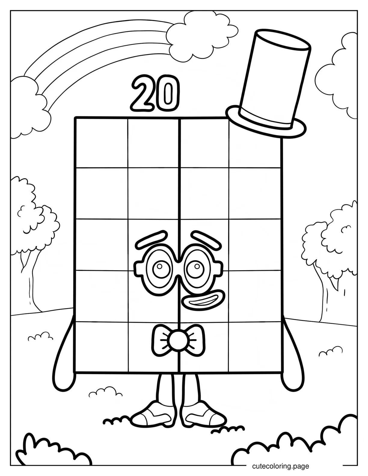 Numberblocks 20 With Hat And Bowtie Coloring Page coloring page