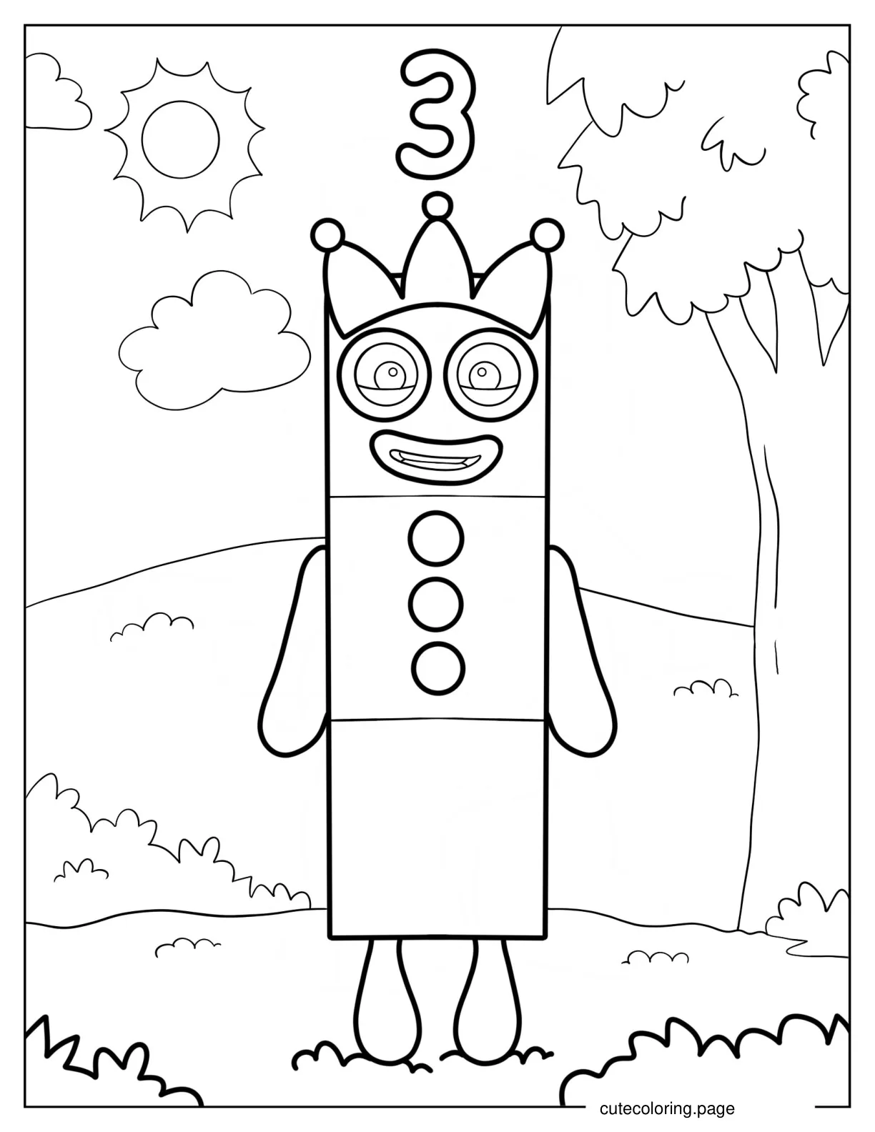 Numberblocks 3 Wearing Crown Coloring Page coloring page