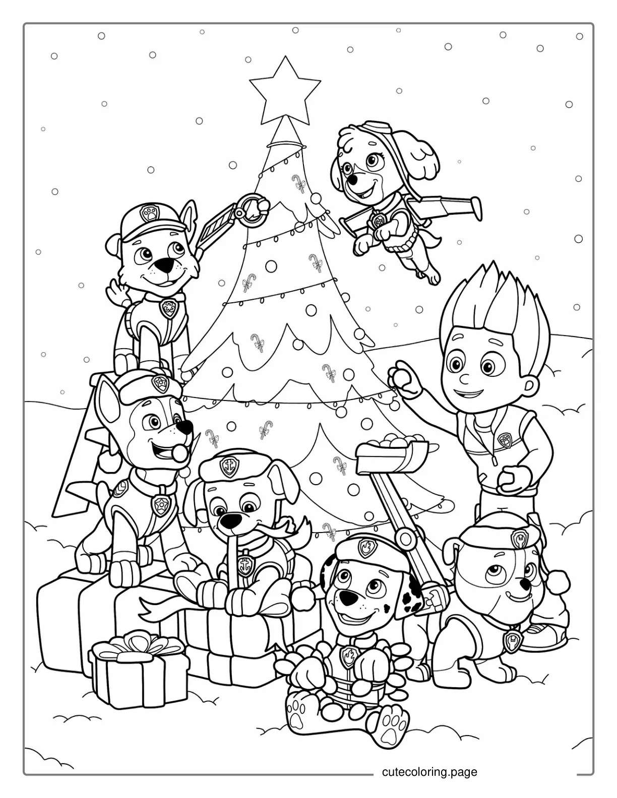 Paw Patrol Dog Around Christmas Tree To Color coloring page