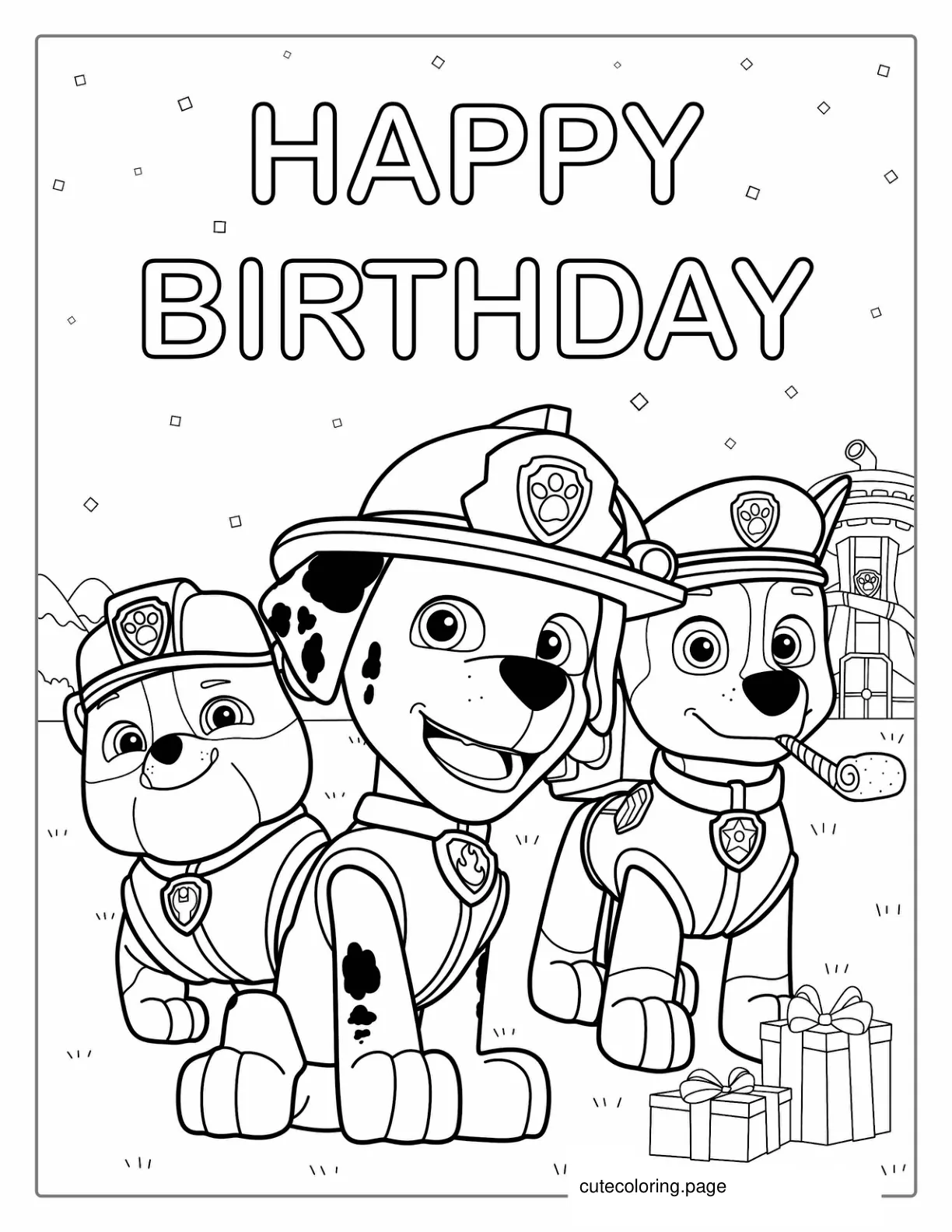 Paw Patrol Happy Birthday Coloring Page For Parties coloring page