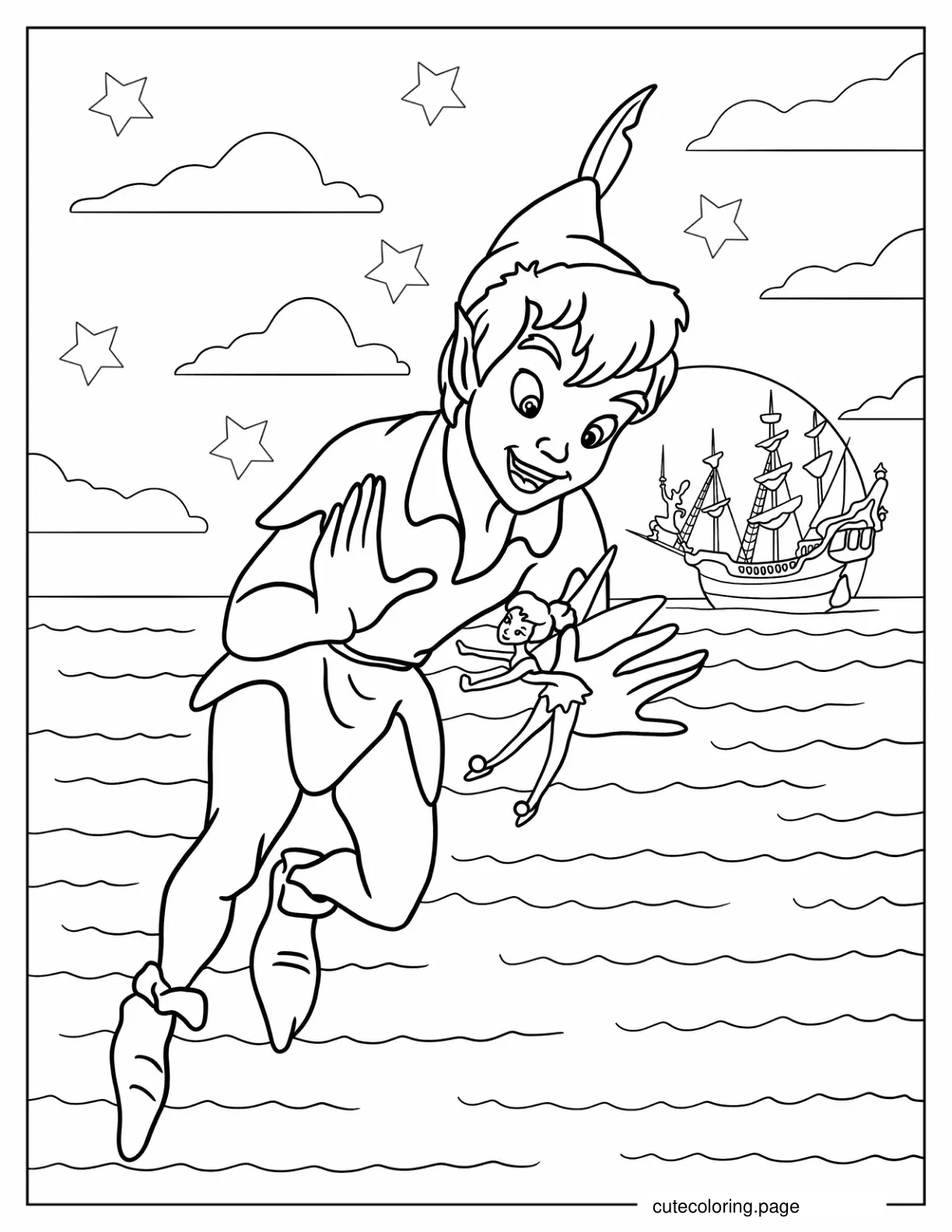 Coloring Sheet Of Peter Pan Flying With Tinker Bell coloring page