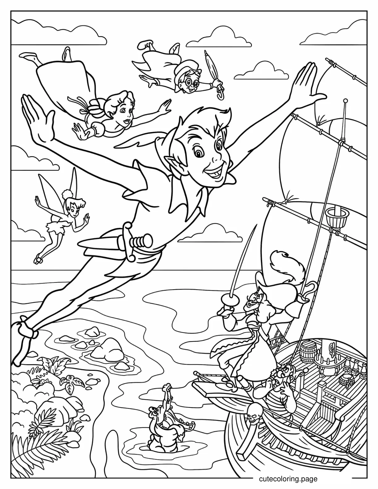 Peter Pan And Wendy Flying Over Captain Hook_s Ship Coloring Page coloring page