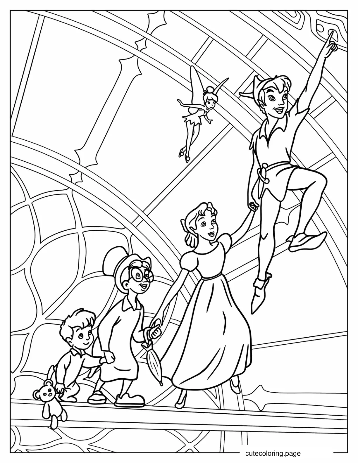 Peter Pan Teaching Wendy John And Michael To Fly coloring page