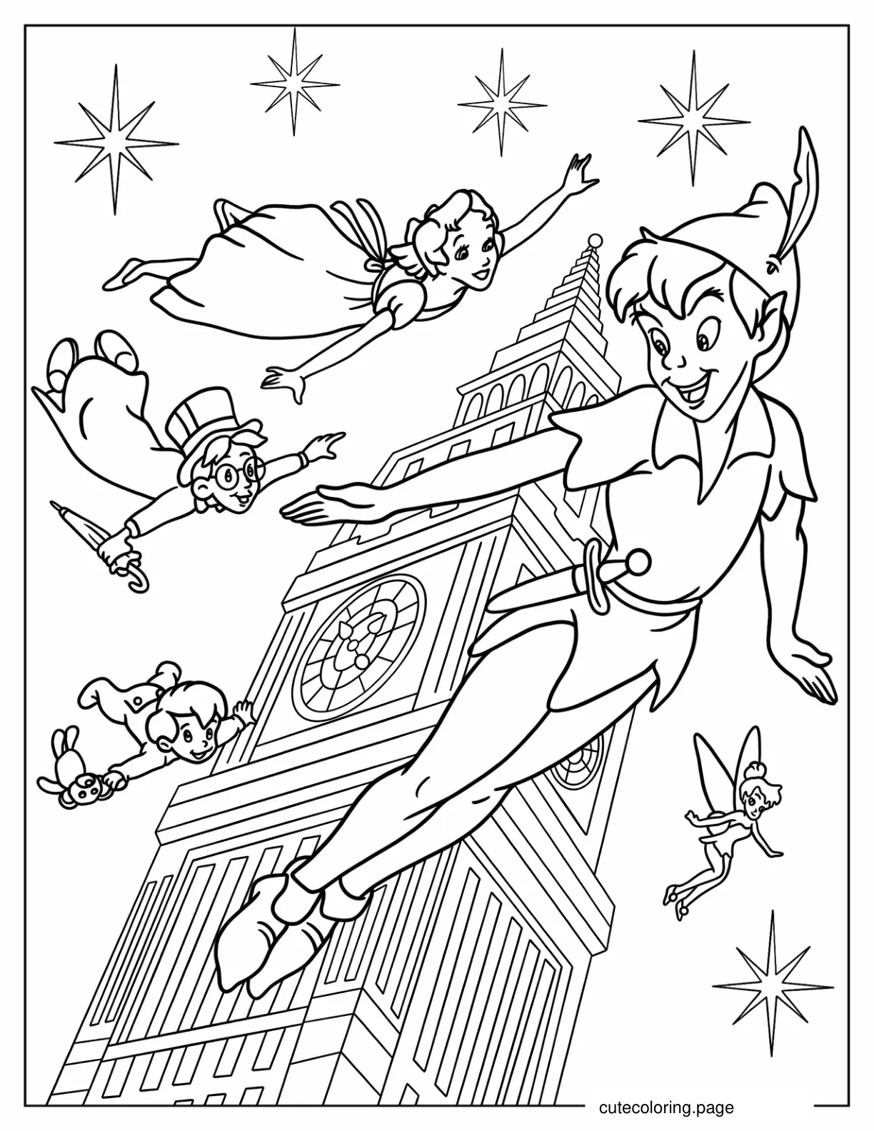 Peter Pan Wendy John And Michael Flying Past Big Ben coloring page