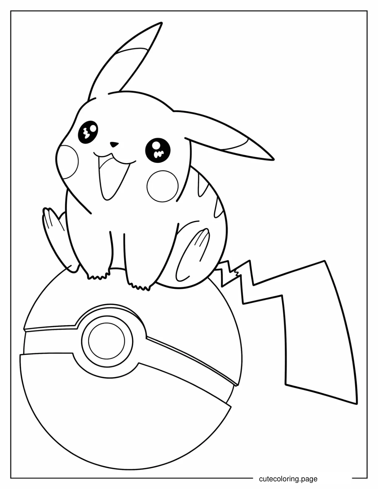 Kawaii Pikachu Sitting On Pokeball Coloring Sheet coloring page