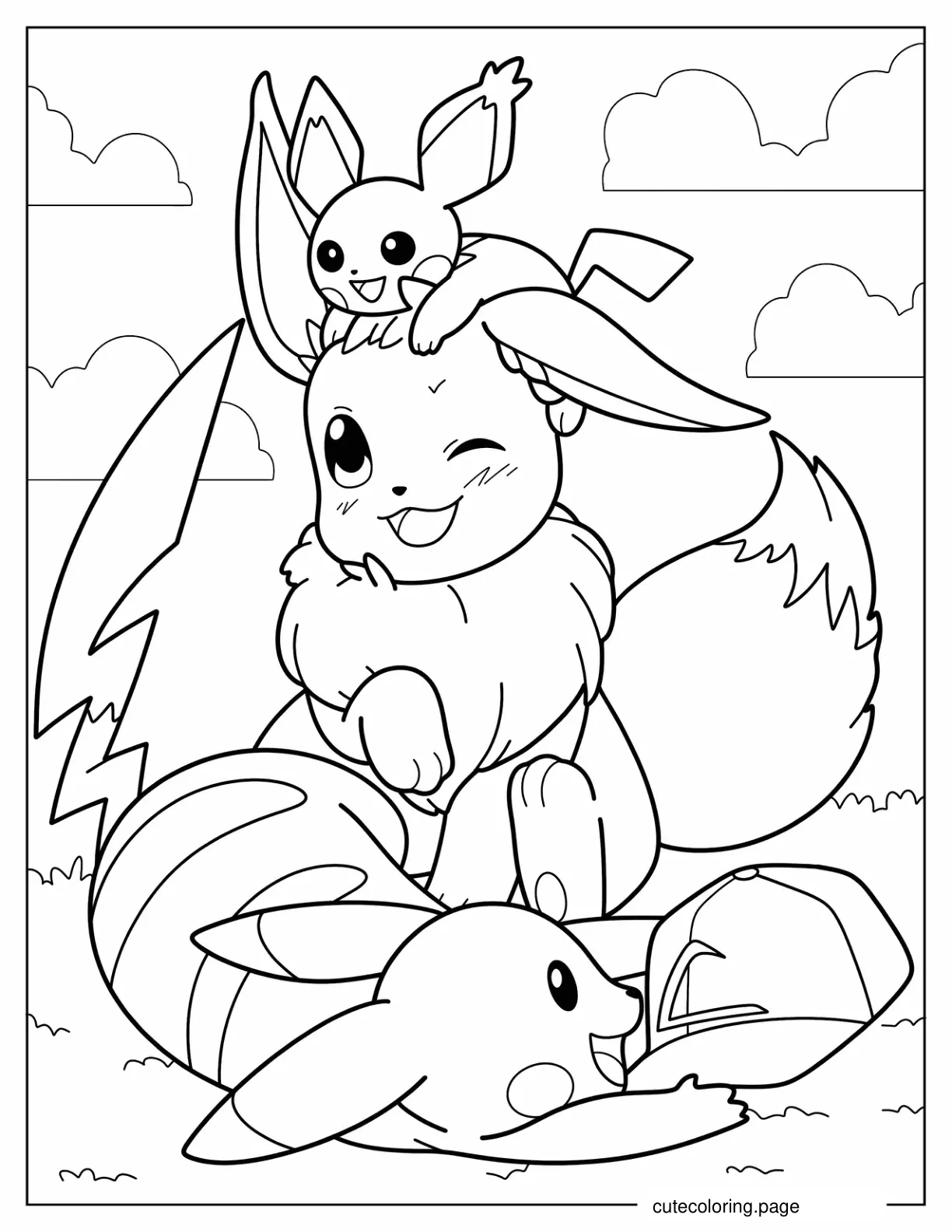 Pichu Eevee And Pikachu Playing Together 1 coloring page