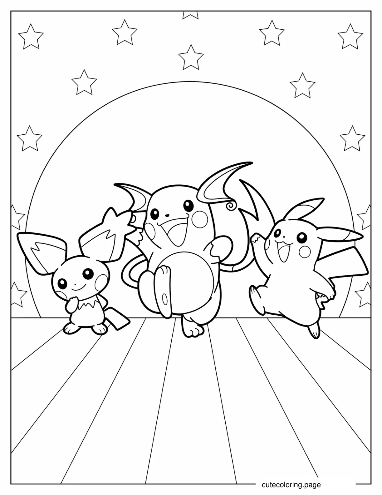 Pichu Raichu And Pikachu Dancing coloring page