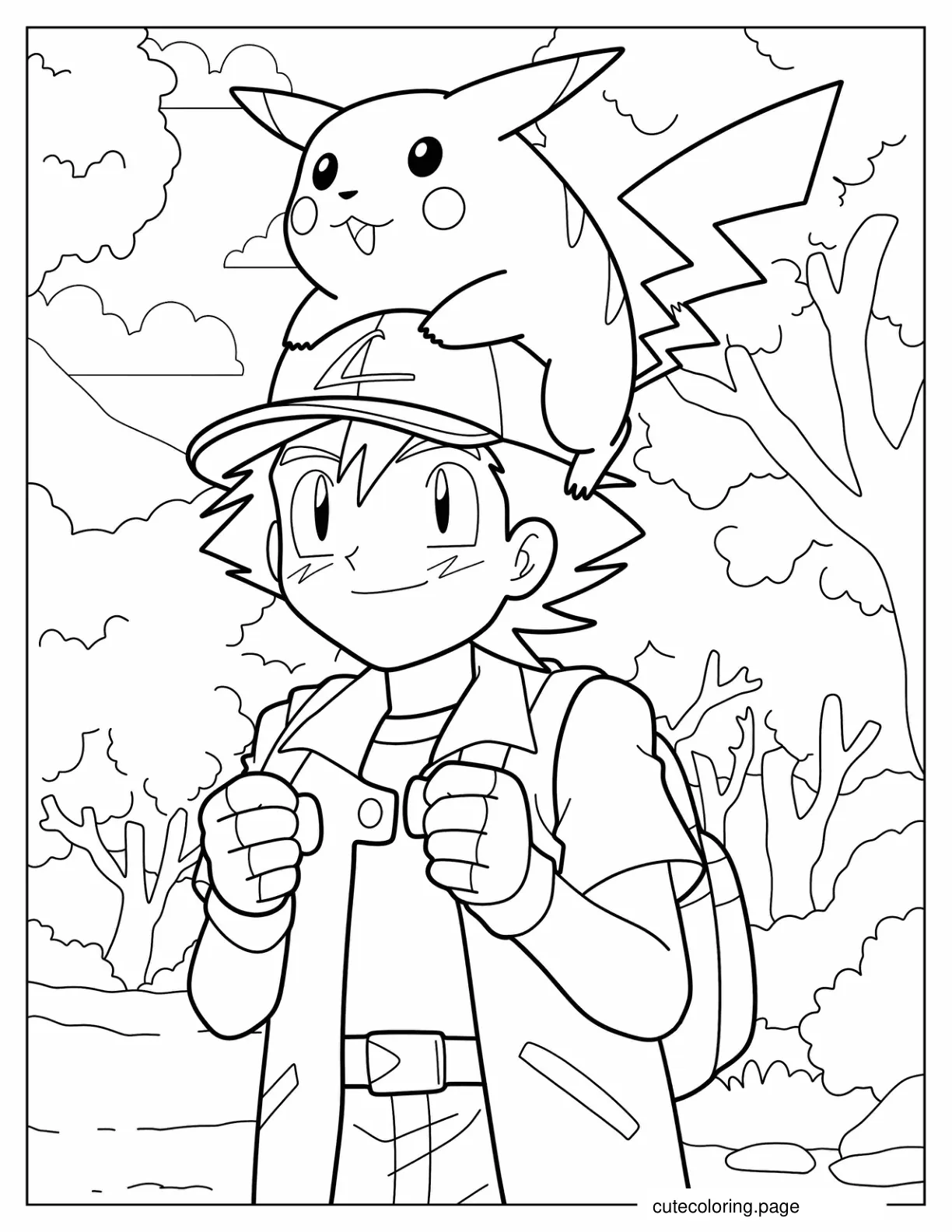 Pikachu And Ash In The Forest coloring page