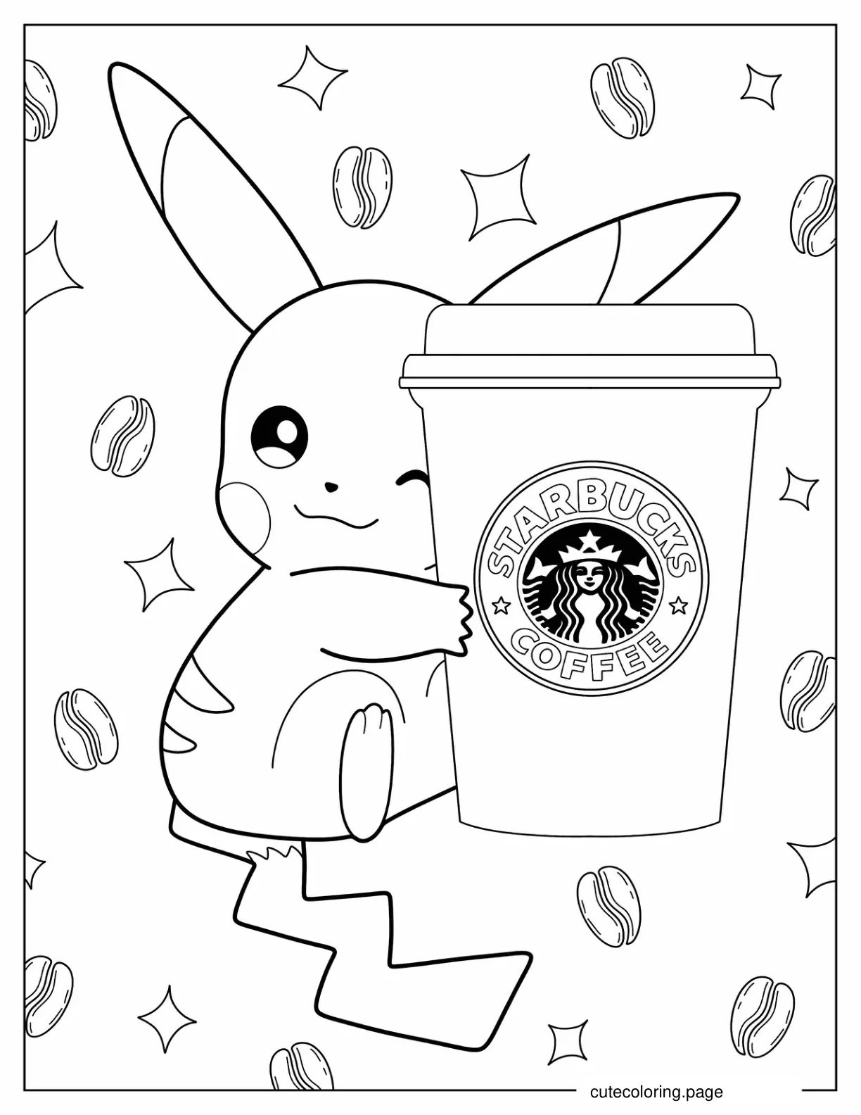 Pikachu Hugging Starbucks Cup coloring page