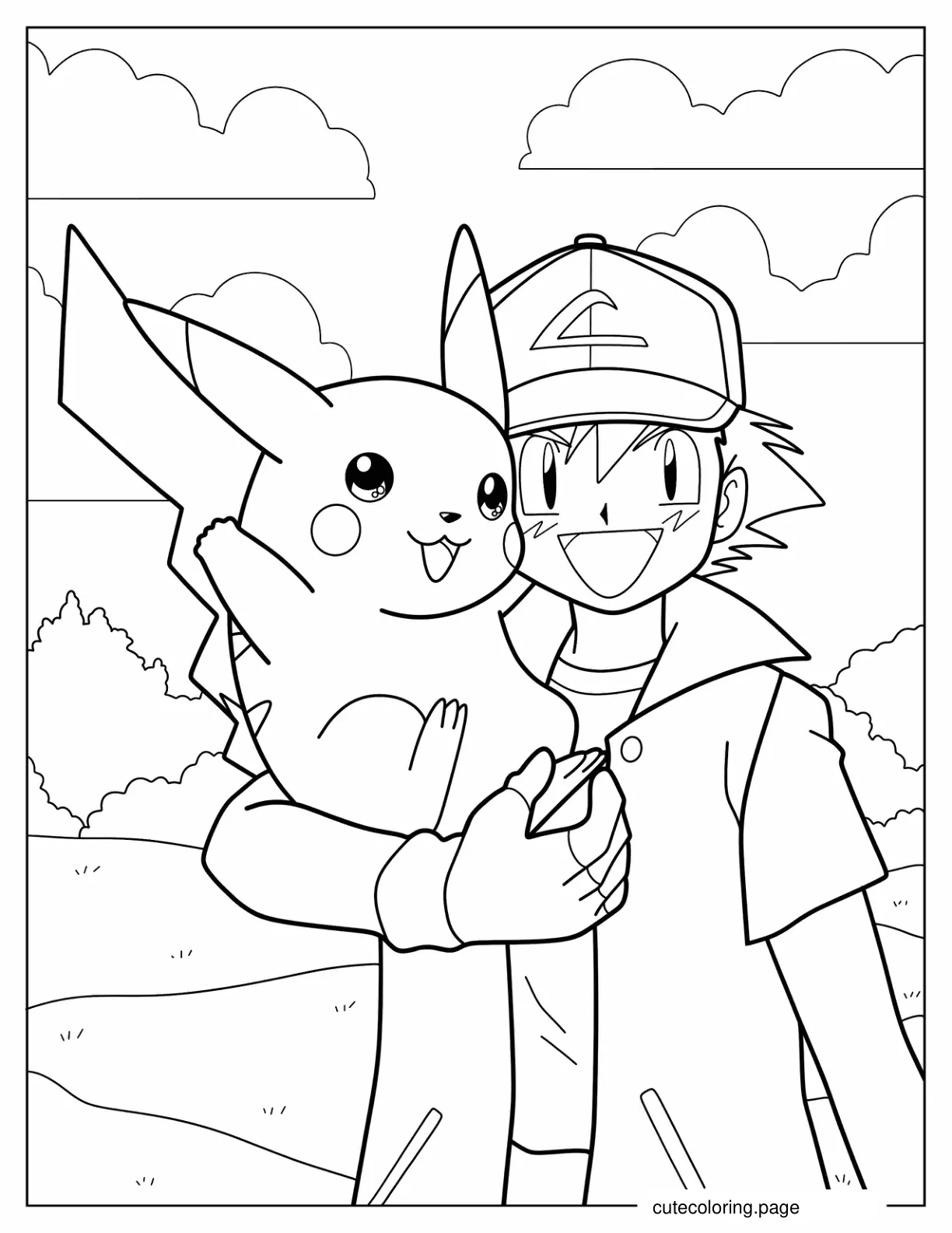 Simple Outline Of Ash Carrying Pikachu Coloring Page coloring page