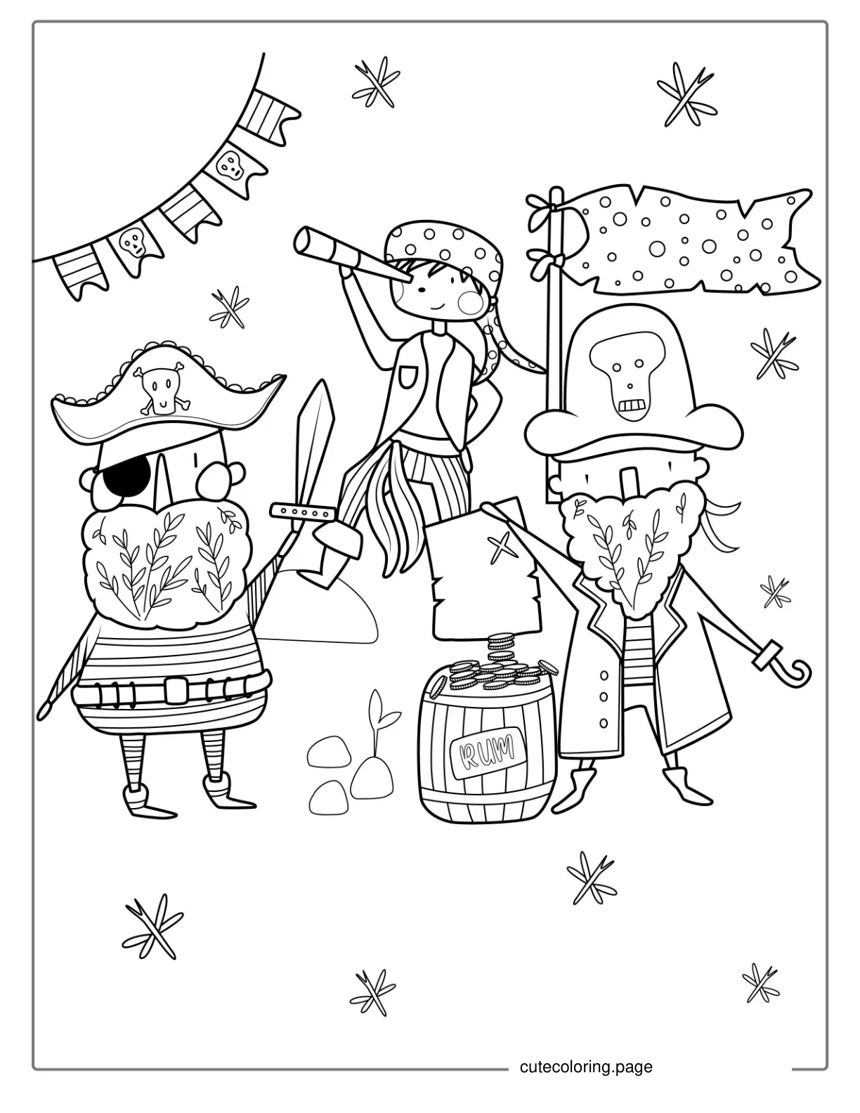 Cute Pirates With Treasure To Color For Preschoolers coloring page