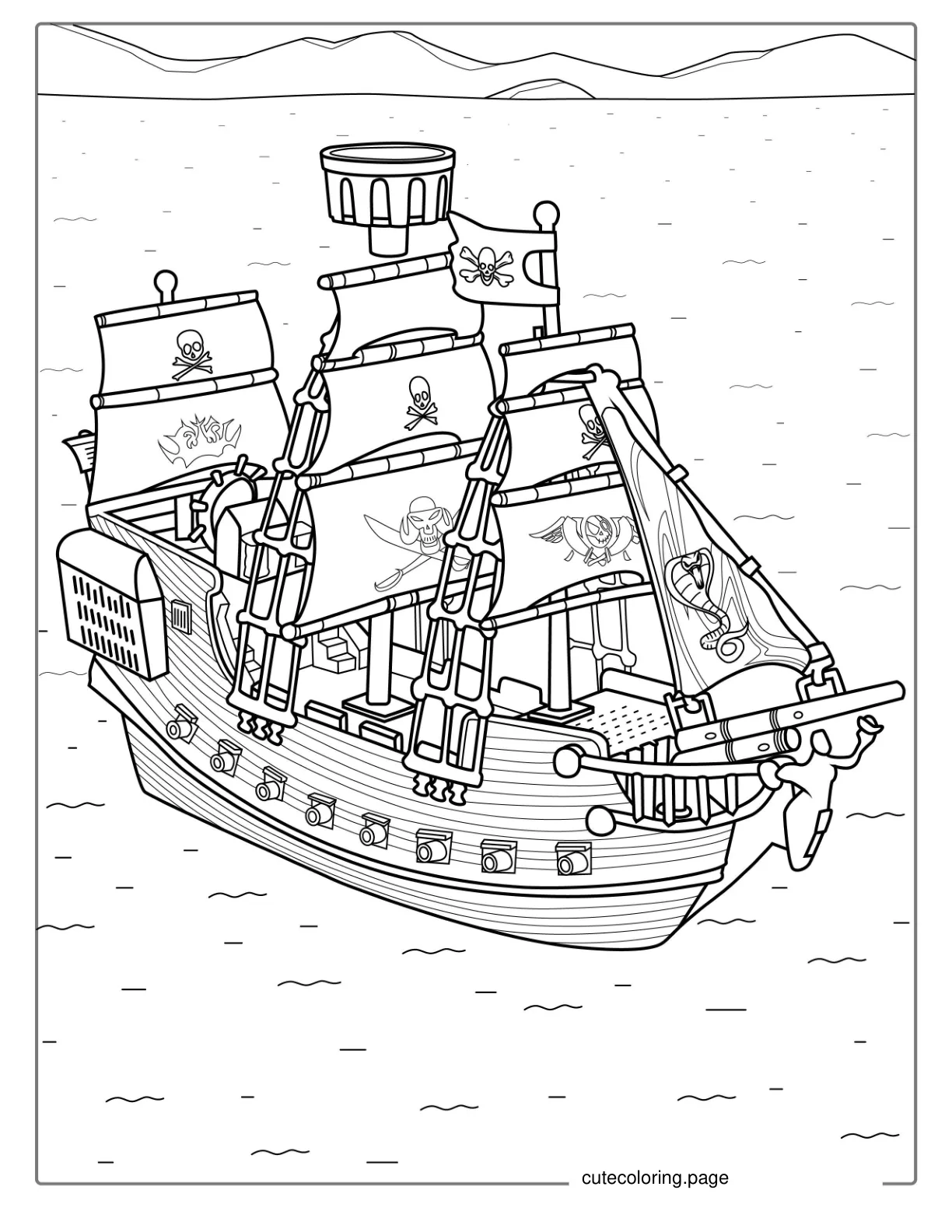 Detailed Pirate Ship On The Ocean To Color coloring page