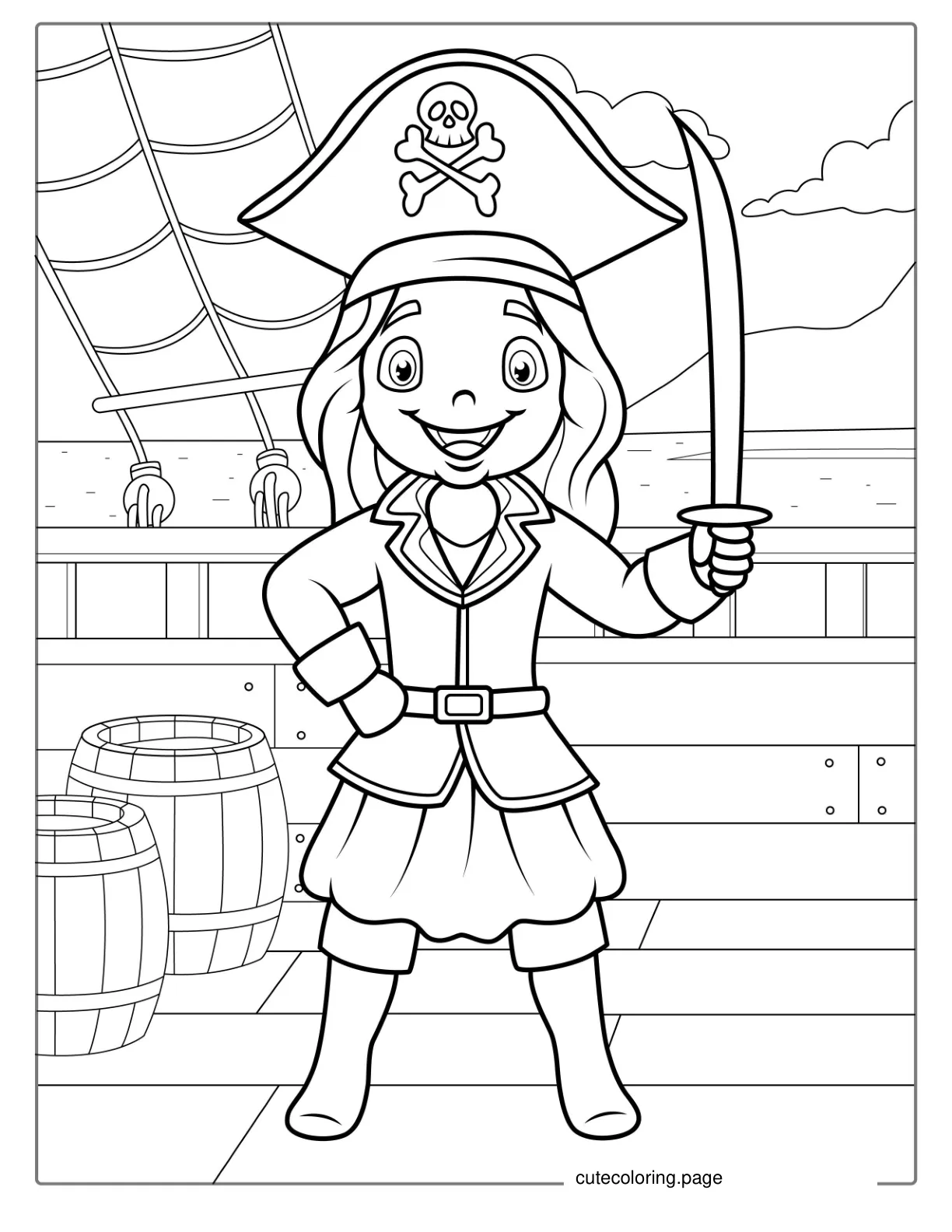 Female Pirate Holding Sword On Ship coloring page