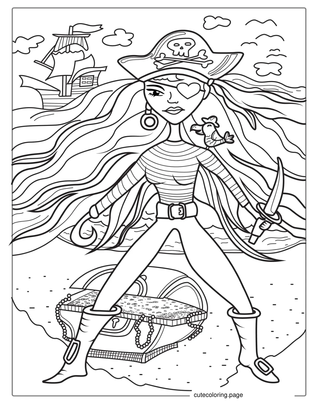 Female Pirate With Parrot Coloring Sheet coloring page