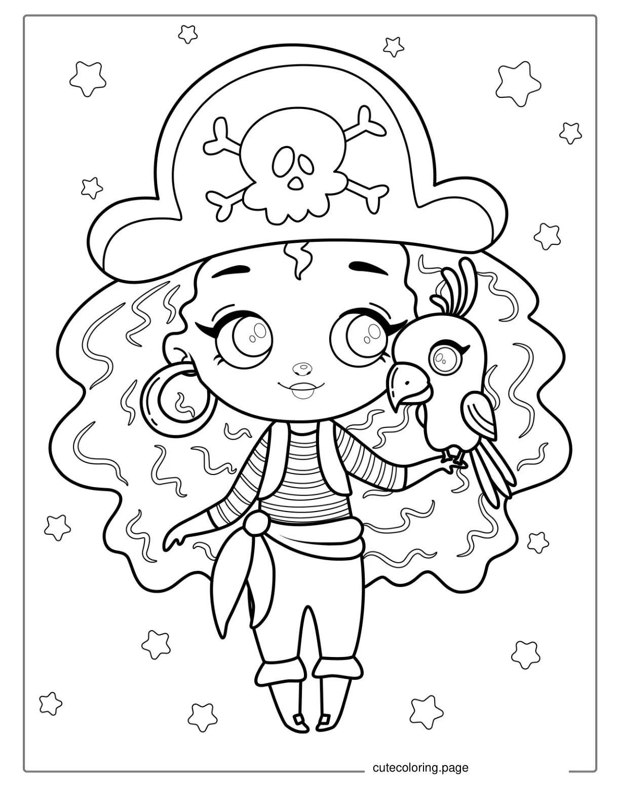 Kawaii Girl Pirate With Parrot To Color coloring page