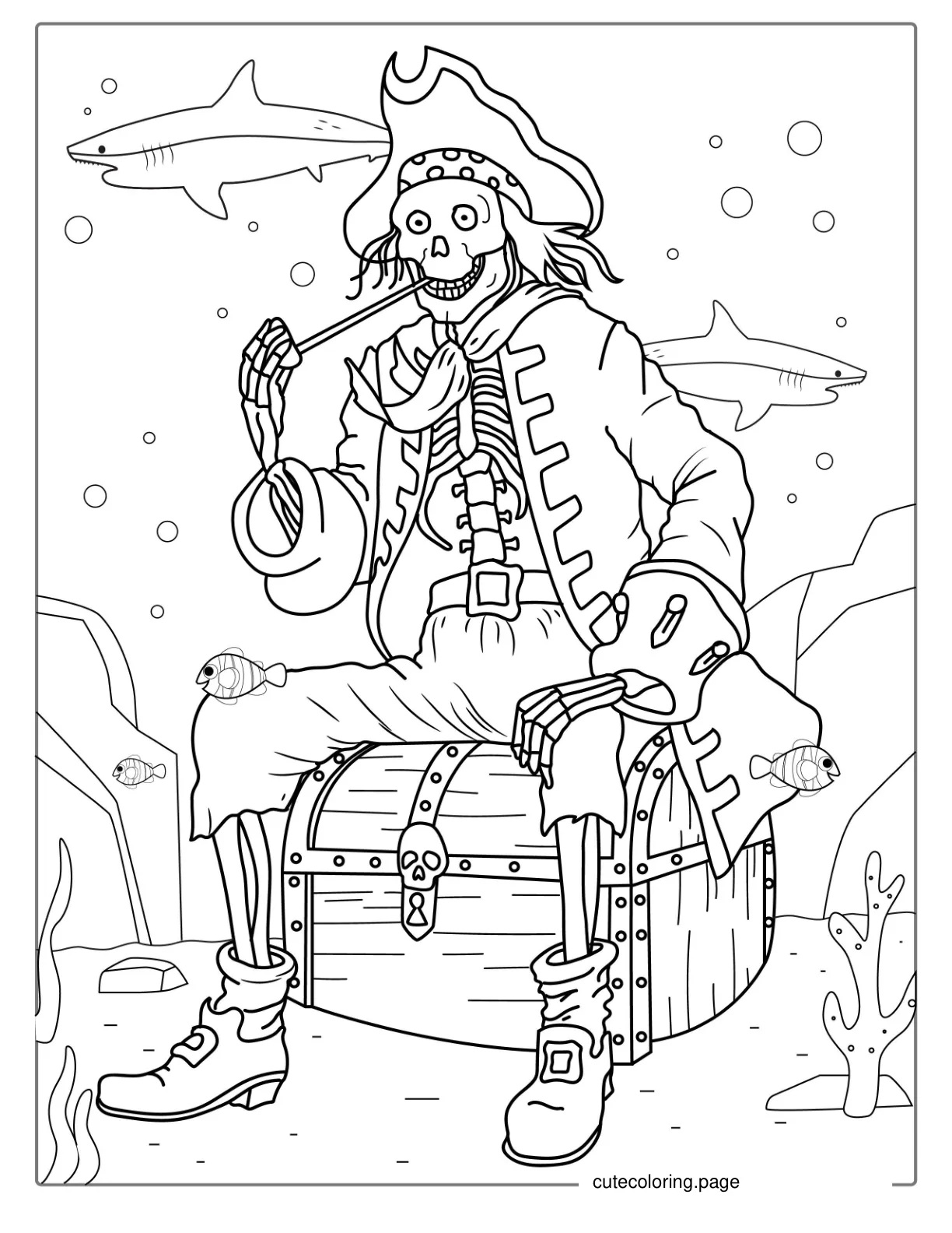 Spooky Skull And Bones Pirate Sitting On Treasure Chest coloring page