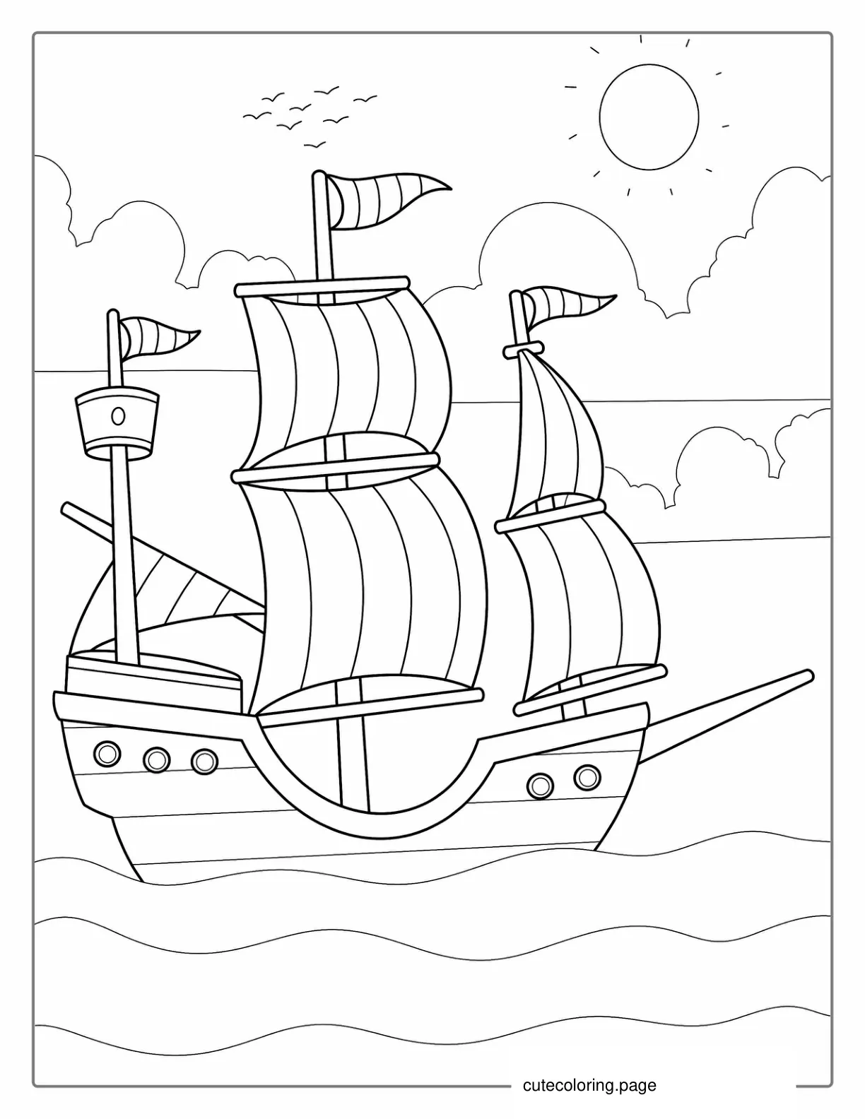 Pirate Ship Sailing On The Open Waters With Seagulls coloring page