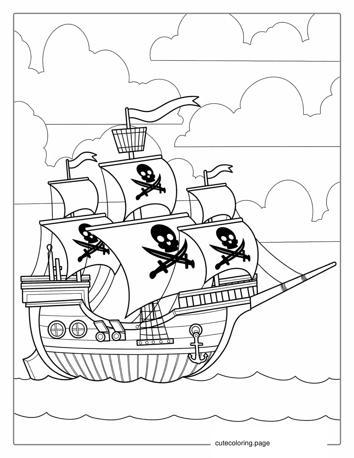 Pirate Ship With Multiple Sails On The Ocean coloring page