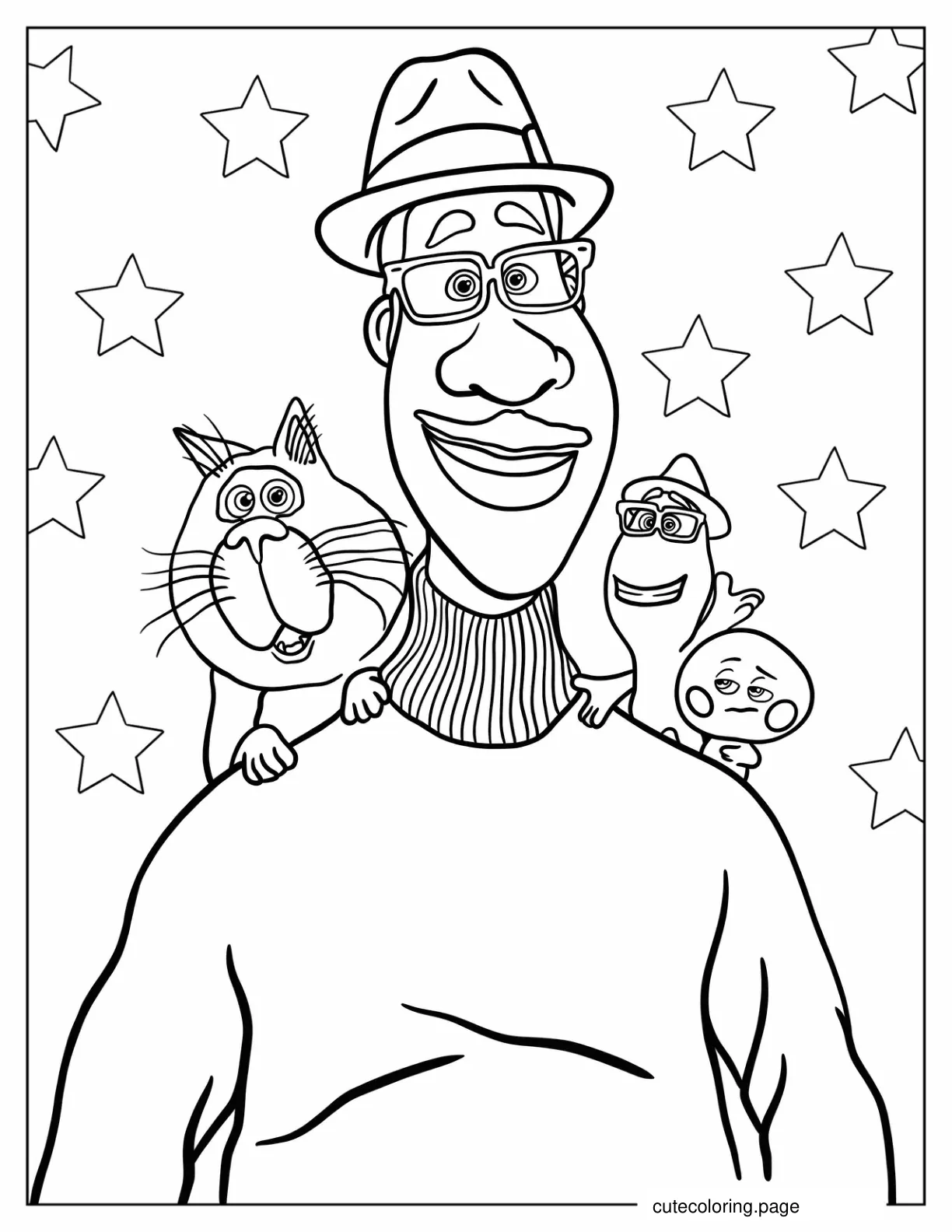 Joe Gardner With 22 Moonwind And Mittens From Soul Coloring Sheet coloring page