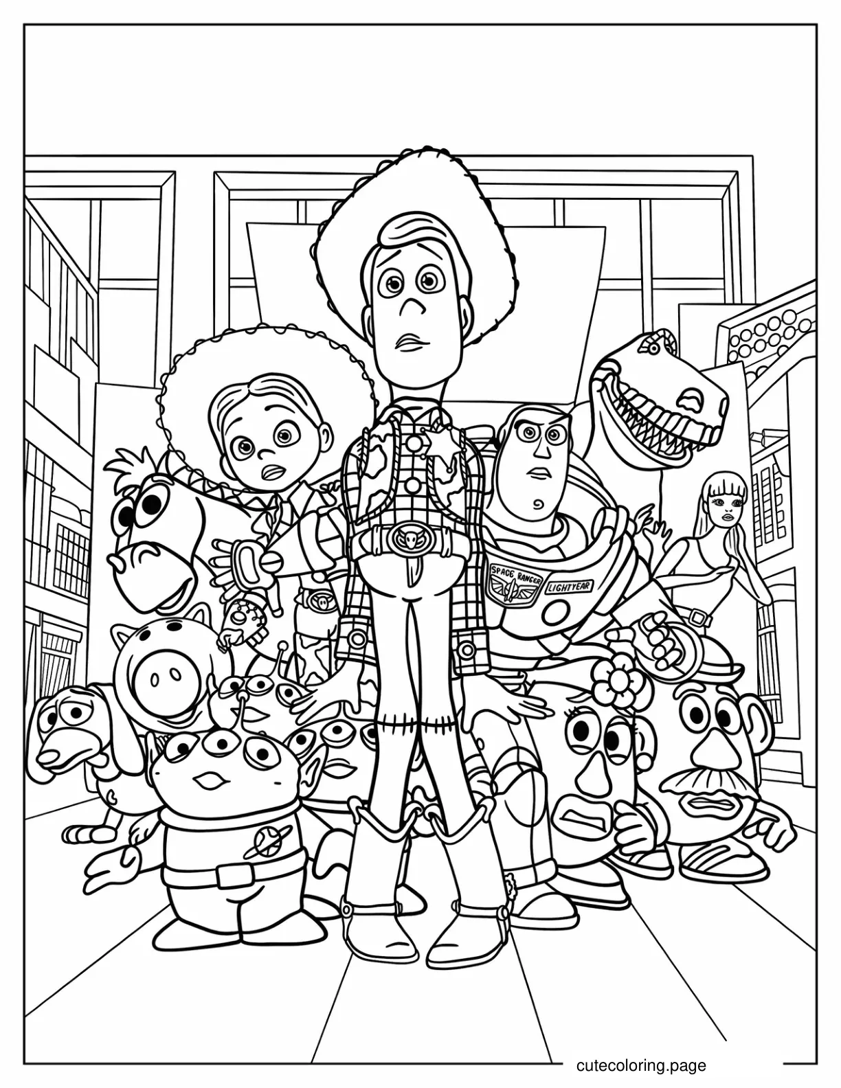 Toy Story Woody Buzz And Jessie With Friends coloring page