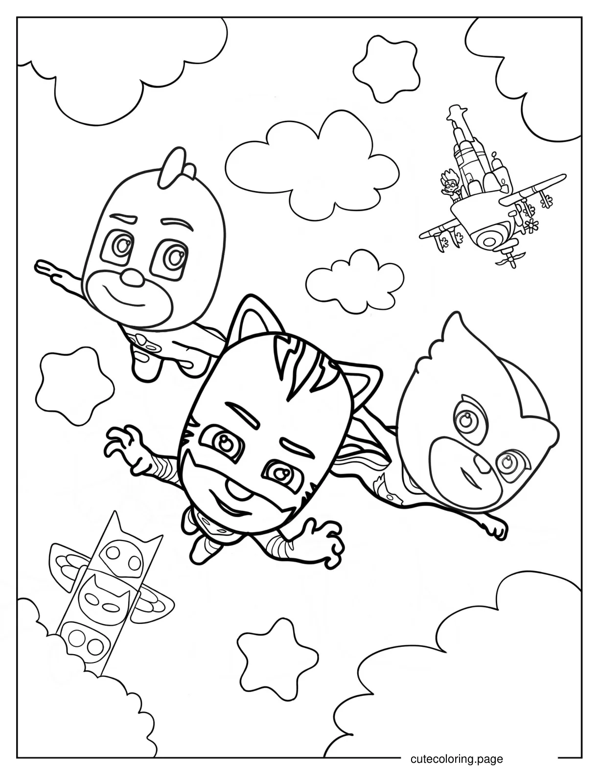 Catboy Gekko And Oweltte Flying In The Sky coloring page