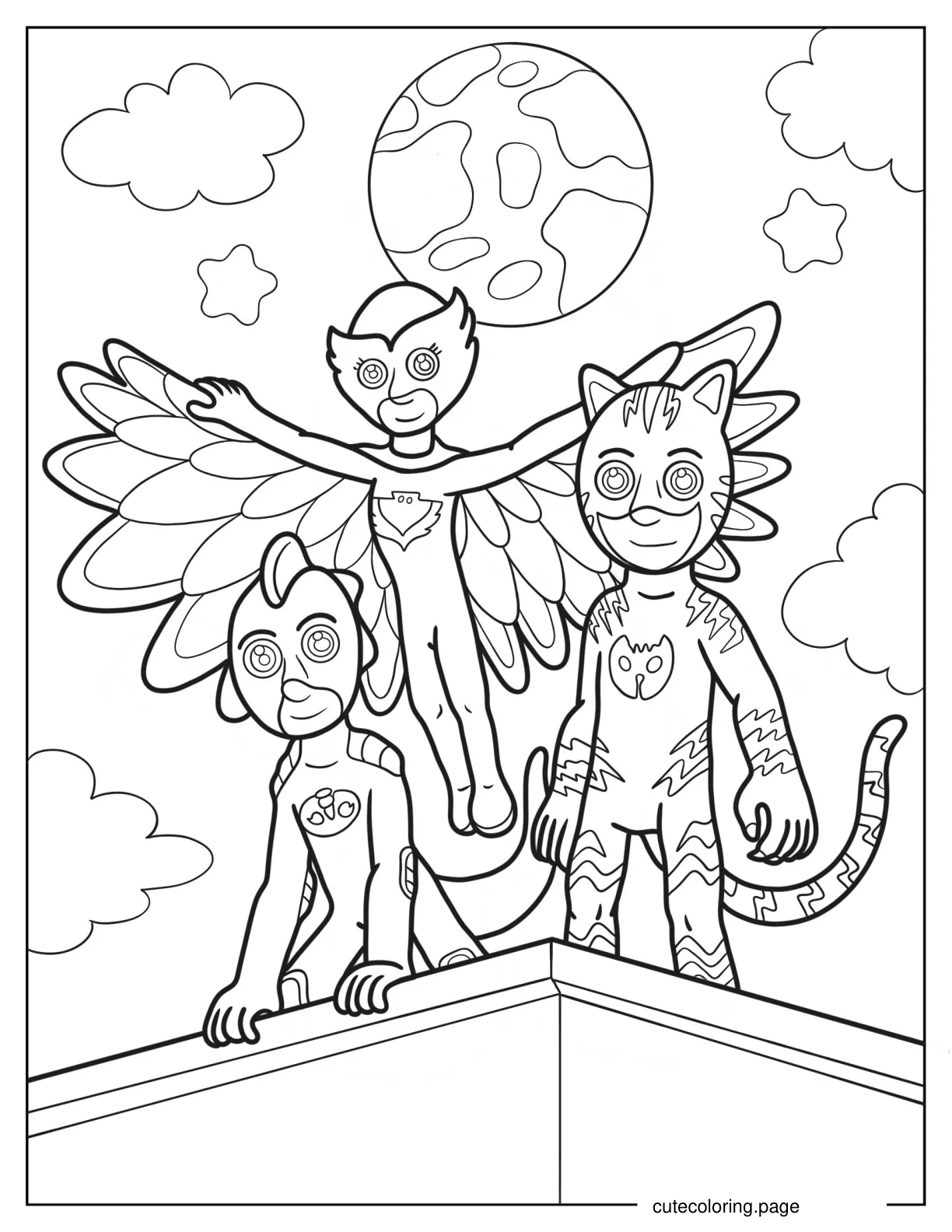 Gekko Catboy And Owelette In The Night Sky Coloring Sheet coloring page