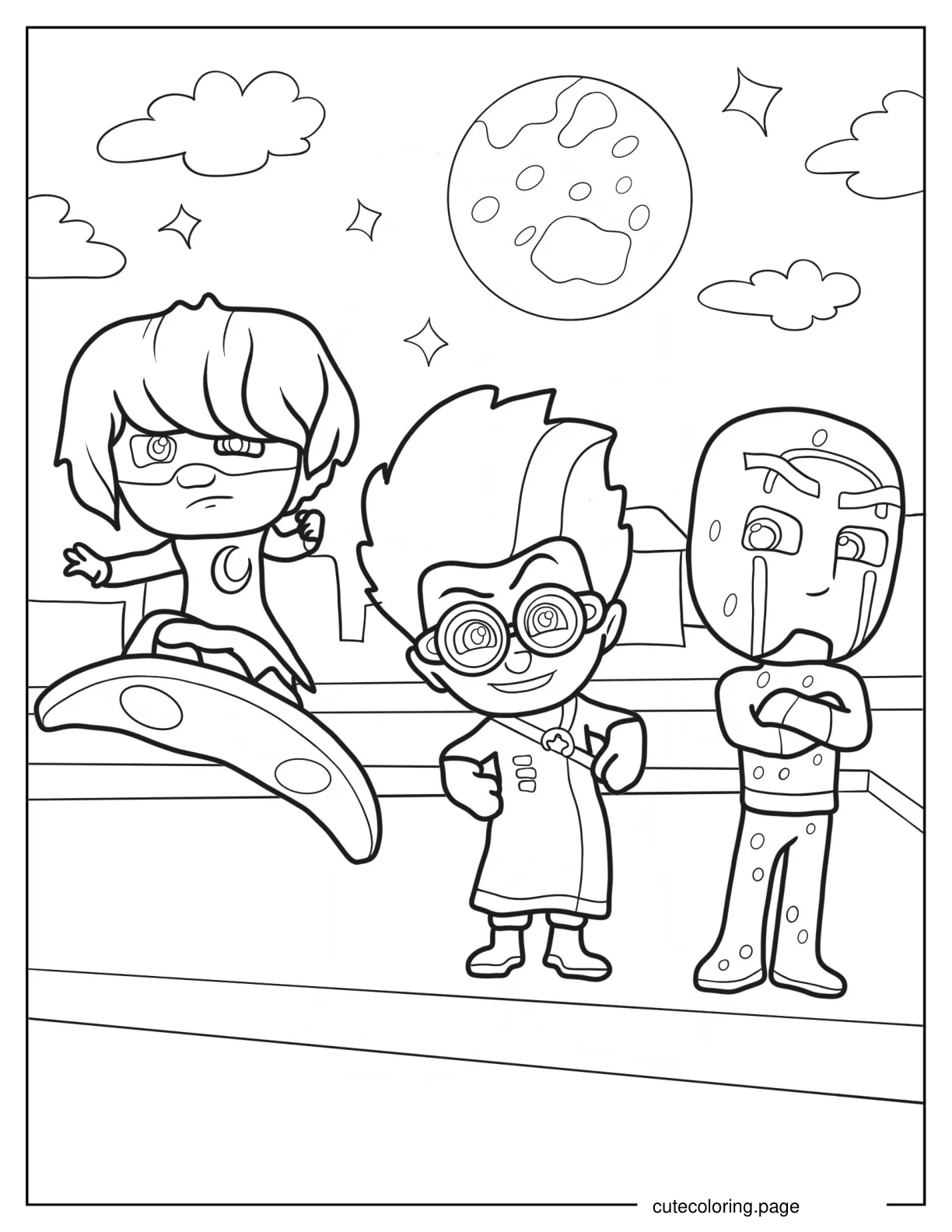 Luna Girl Romeo And Night Ninja On Rooftop At Night coloring page