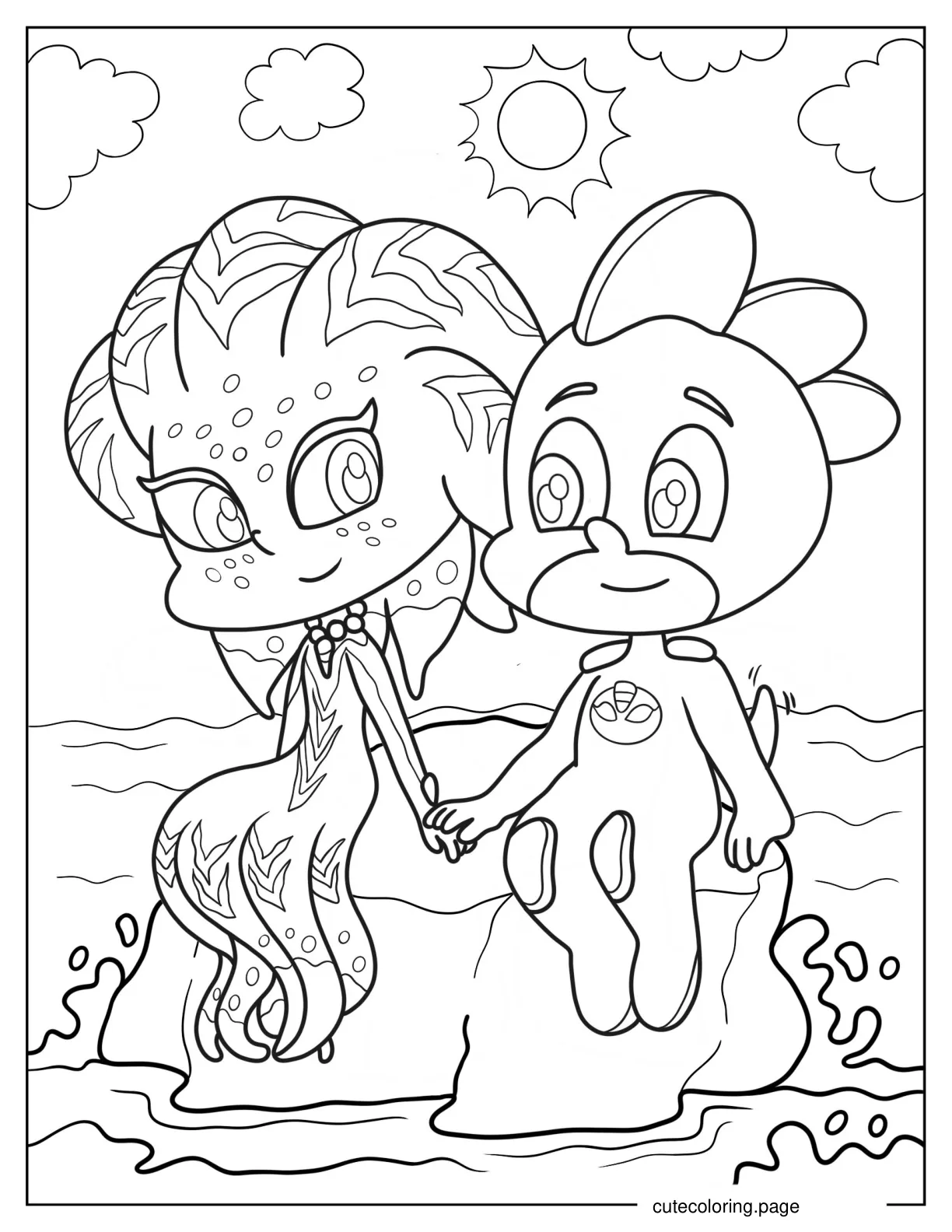 Octobella Holding Hands With Gekko On Rock Coloring Sheet coloring page