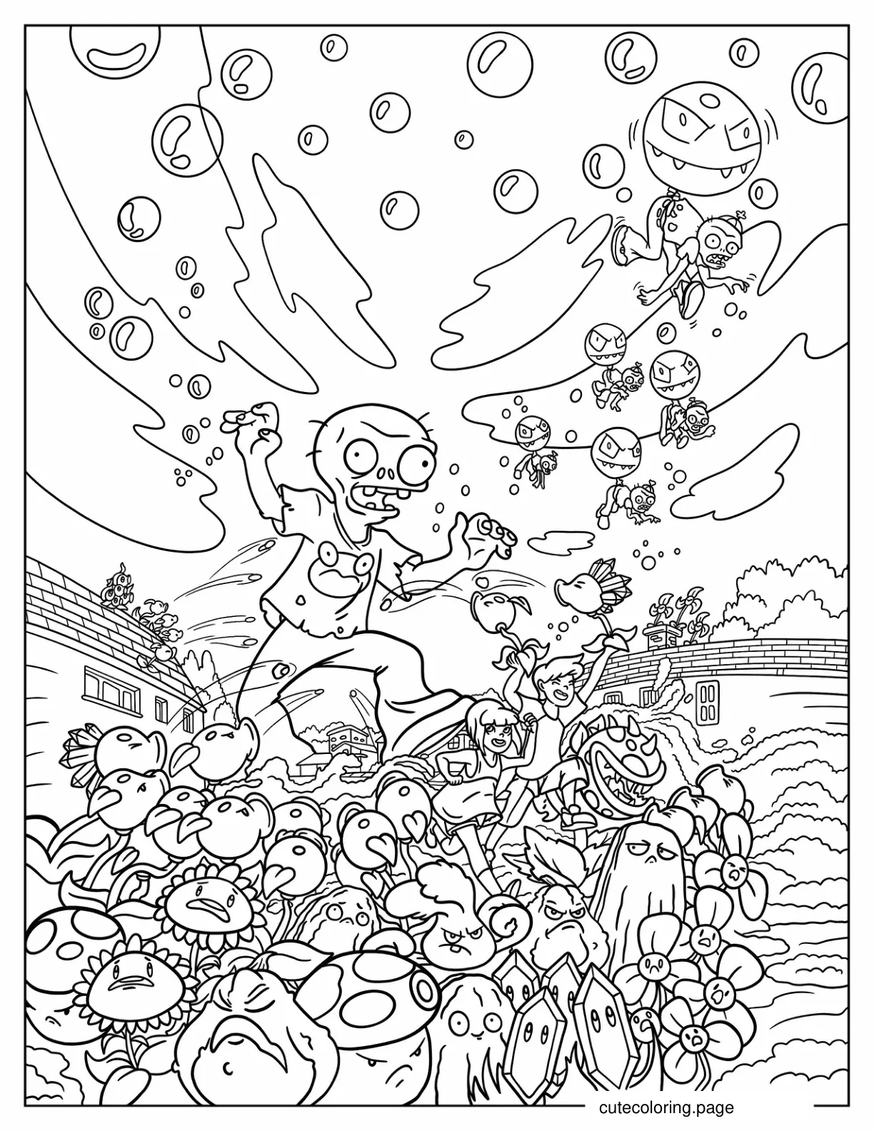 Full Page Of Zombies Battling The Plants coloring page