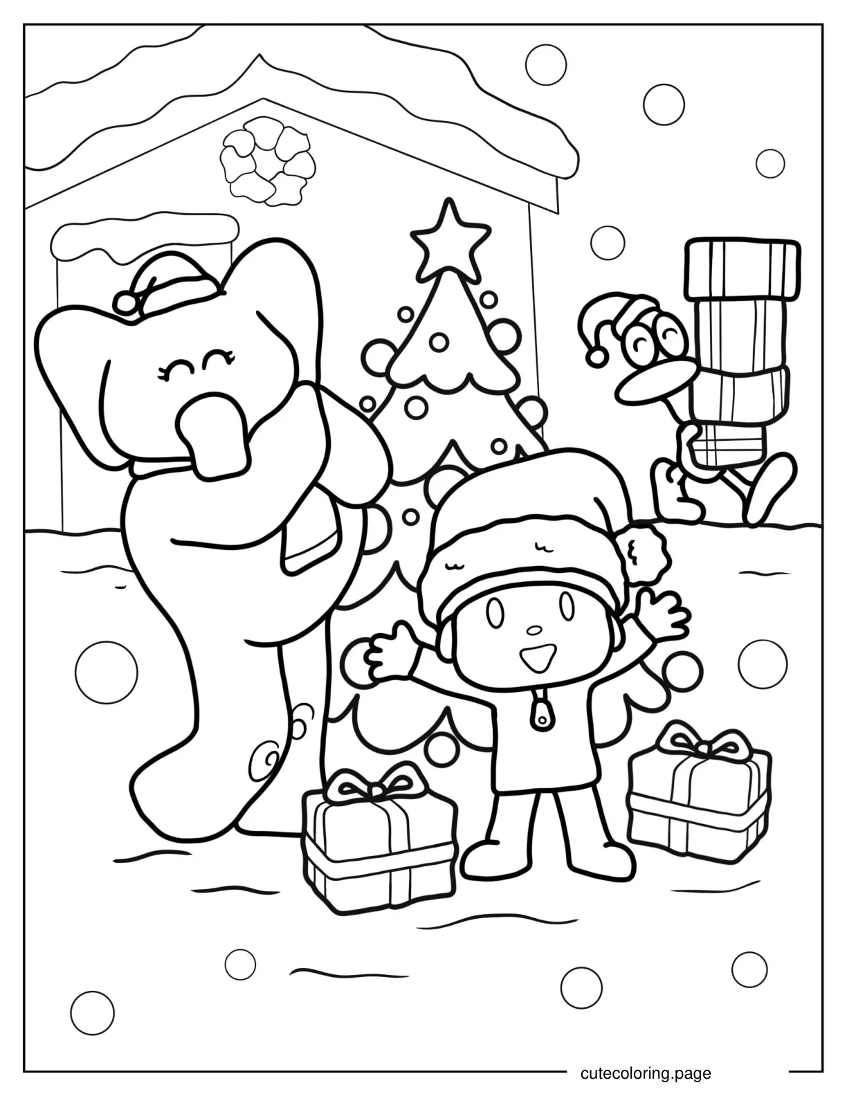 Coloring Page Of Pocoyo Elly and Pato On Christmas Day coloring page