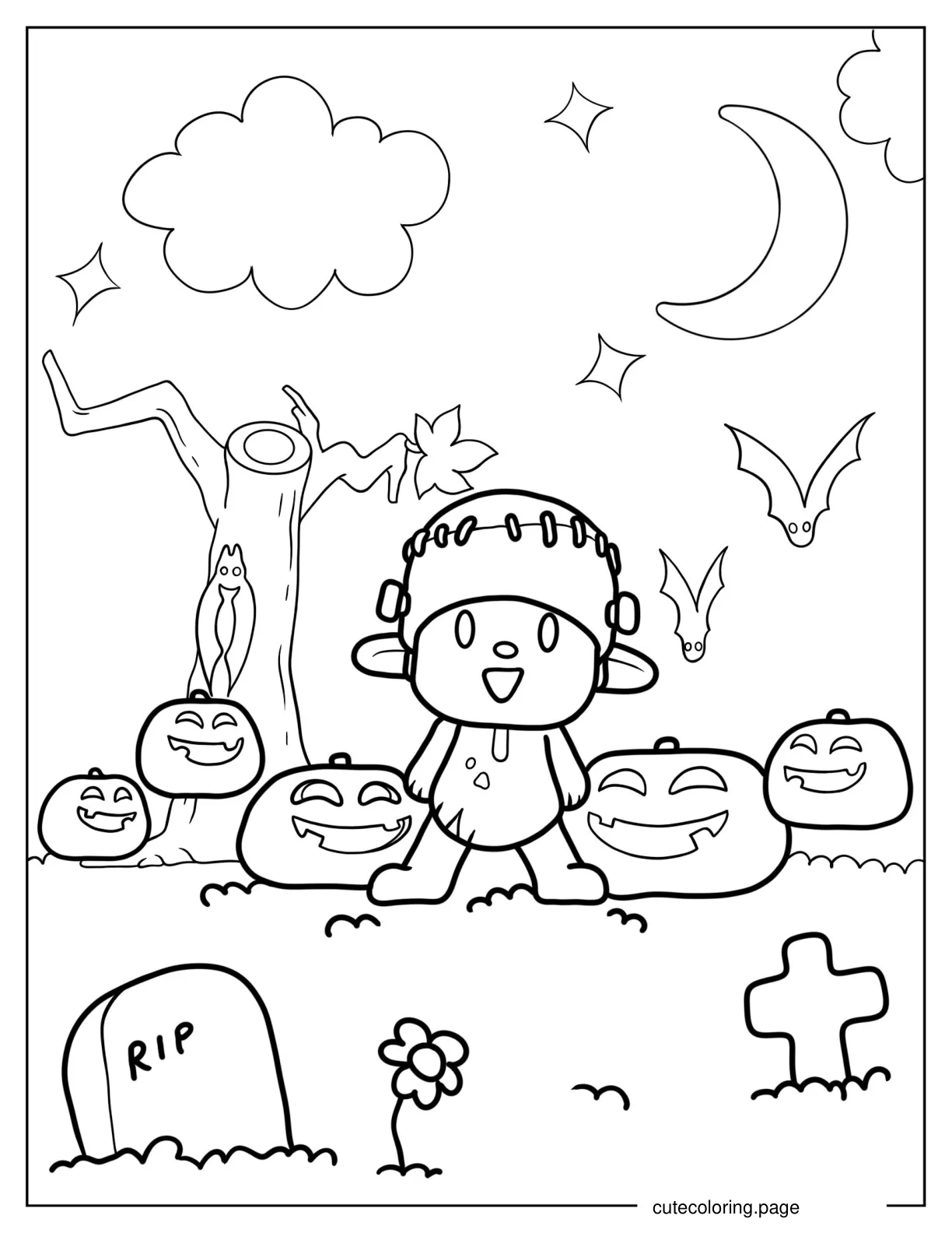 Halloween Pocoyo With Jack O Lanterns And Bats Coloring Sheet coloring page