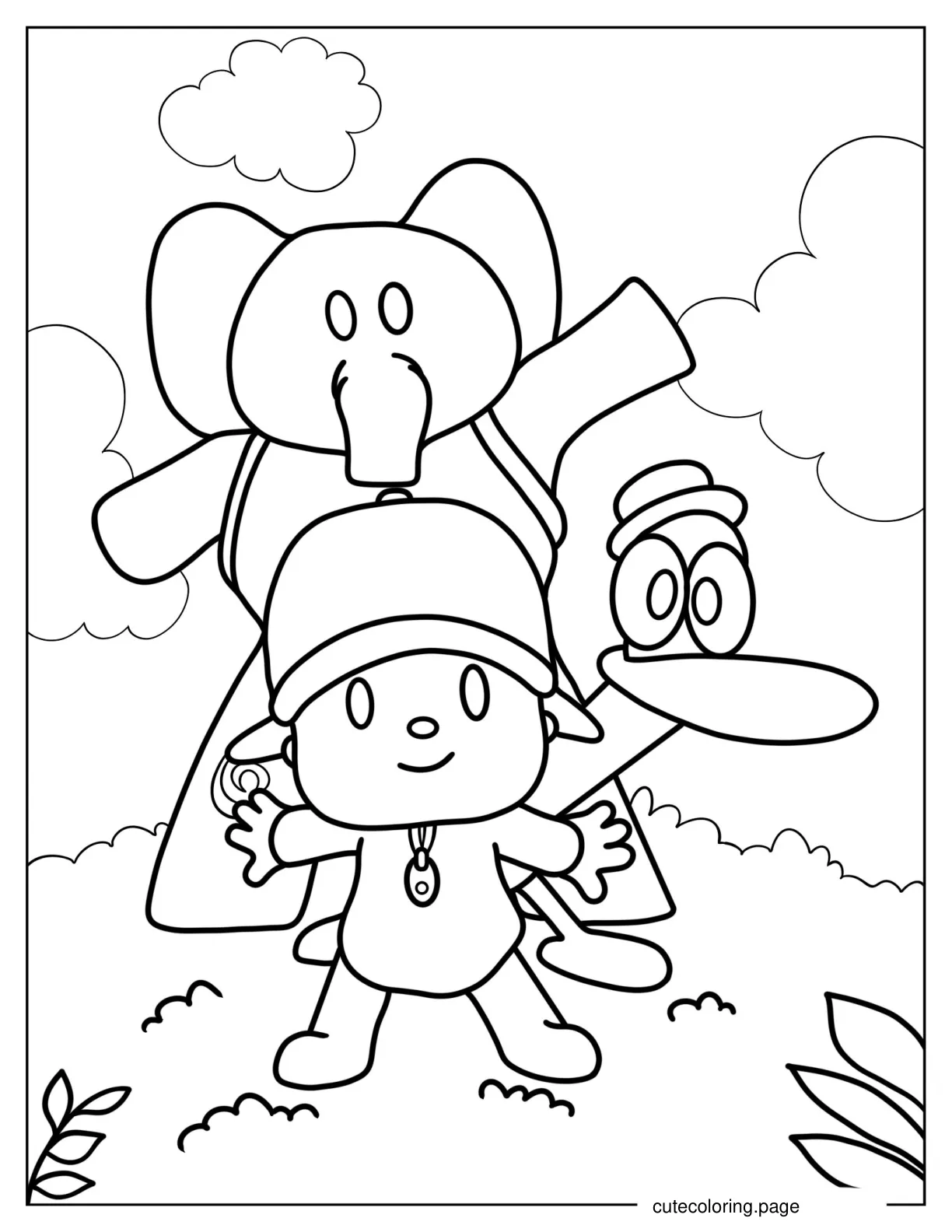 Pocoyo Elly And Pato Playing In A Field coloring page