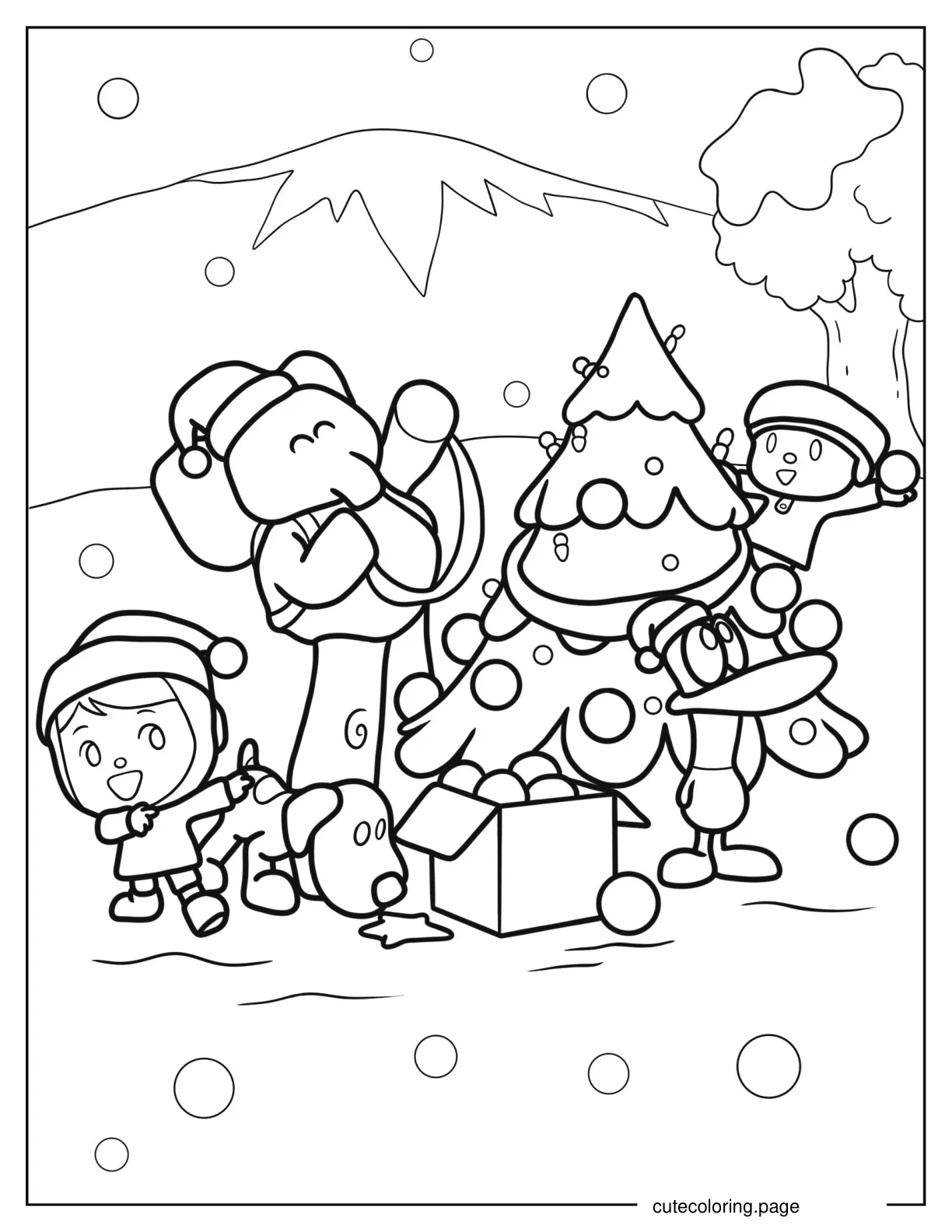 Pocoyo Elly Loula Pato and Nina Decorating Christmas Tree Coloring In coloring page