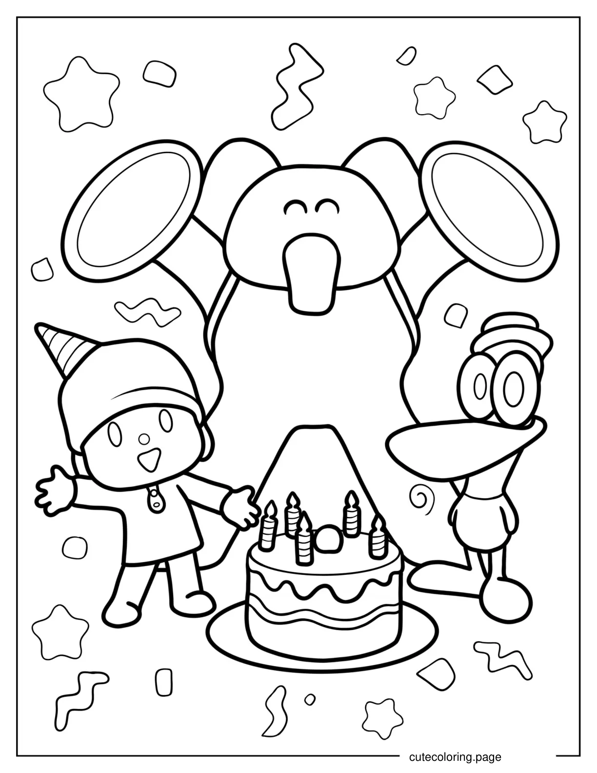 Pocoyo Elly and Pato Around A Birthday Cake Coloring Page coloring page