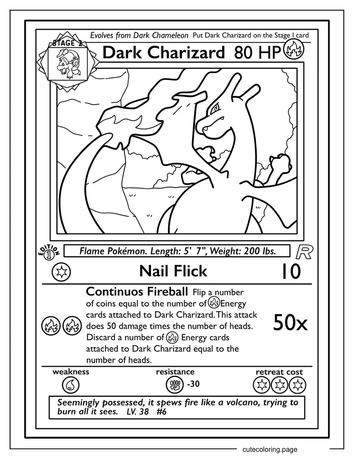 Dark Charizard Nail Flick Pokemon Card Coloring Sheet coloring page