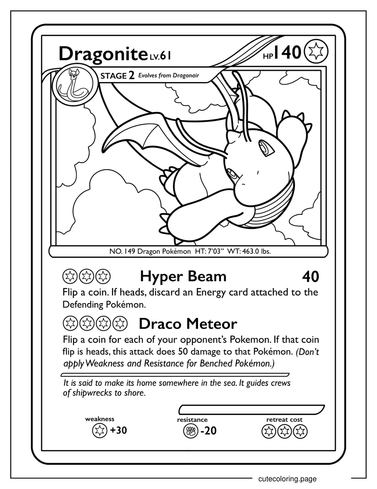 Dragonite Hyper Beam Pokemon Card coloring page