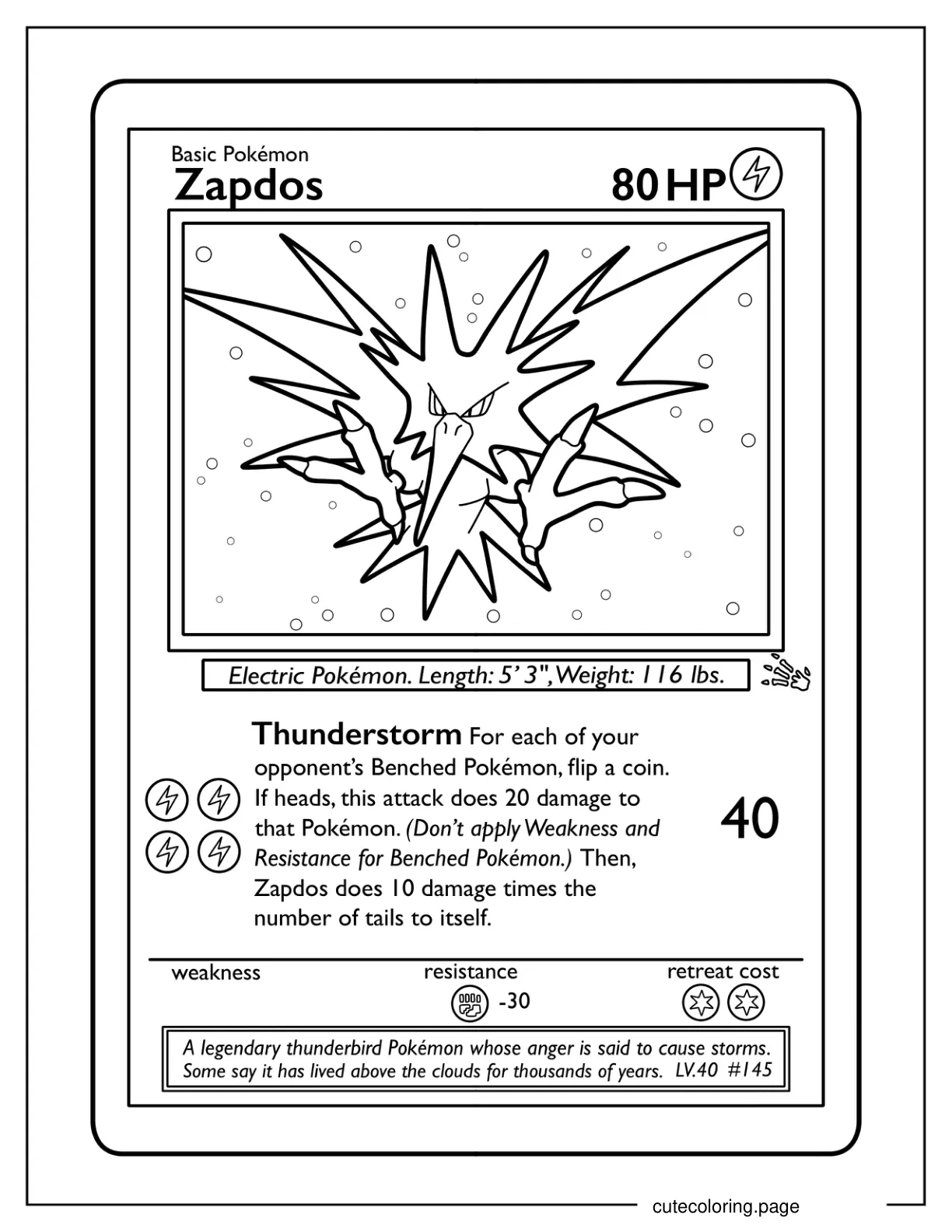 Easy Zapdos Thunderstorm Pokemon Card Coloring Sheet For Kids coloring page