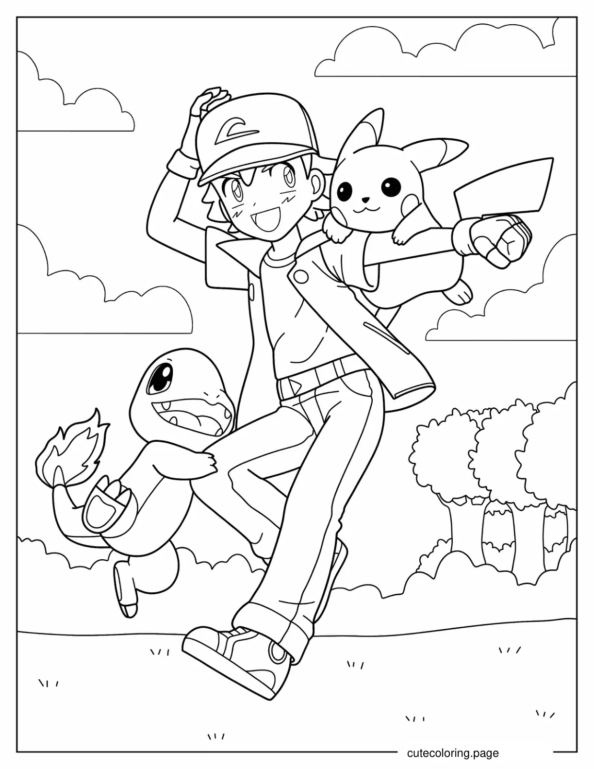 Ash Character With Pikachu And Charmander coloring page