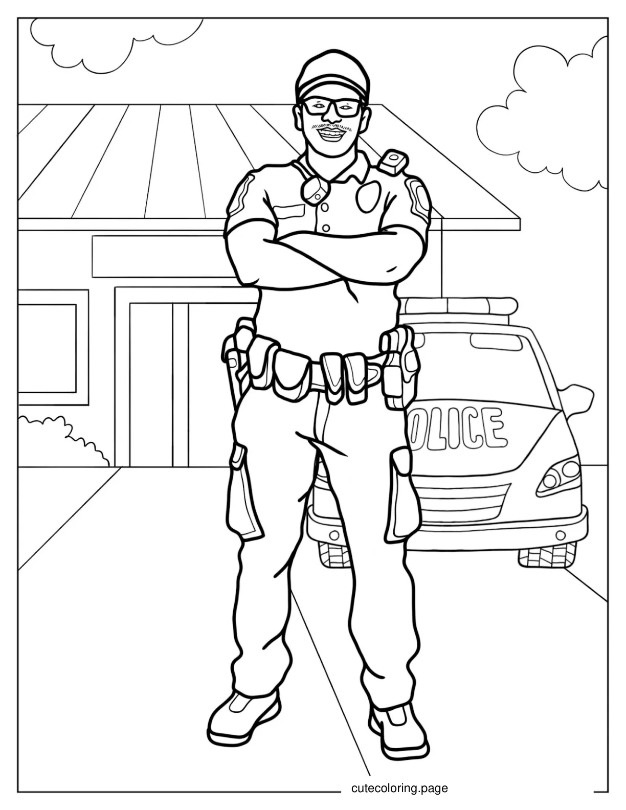 Police Officer In Front Of Police Station To Color 1 coloring page