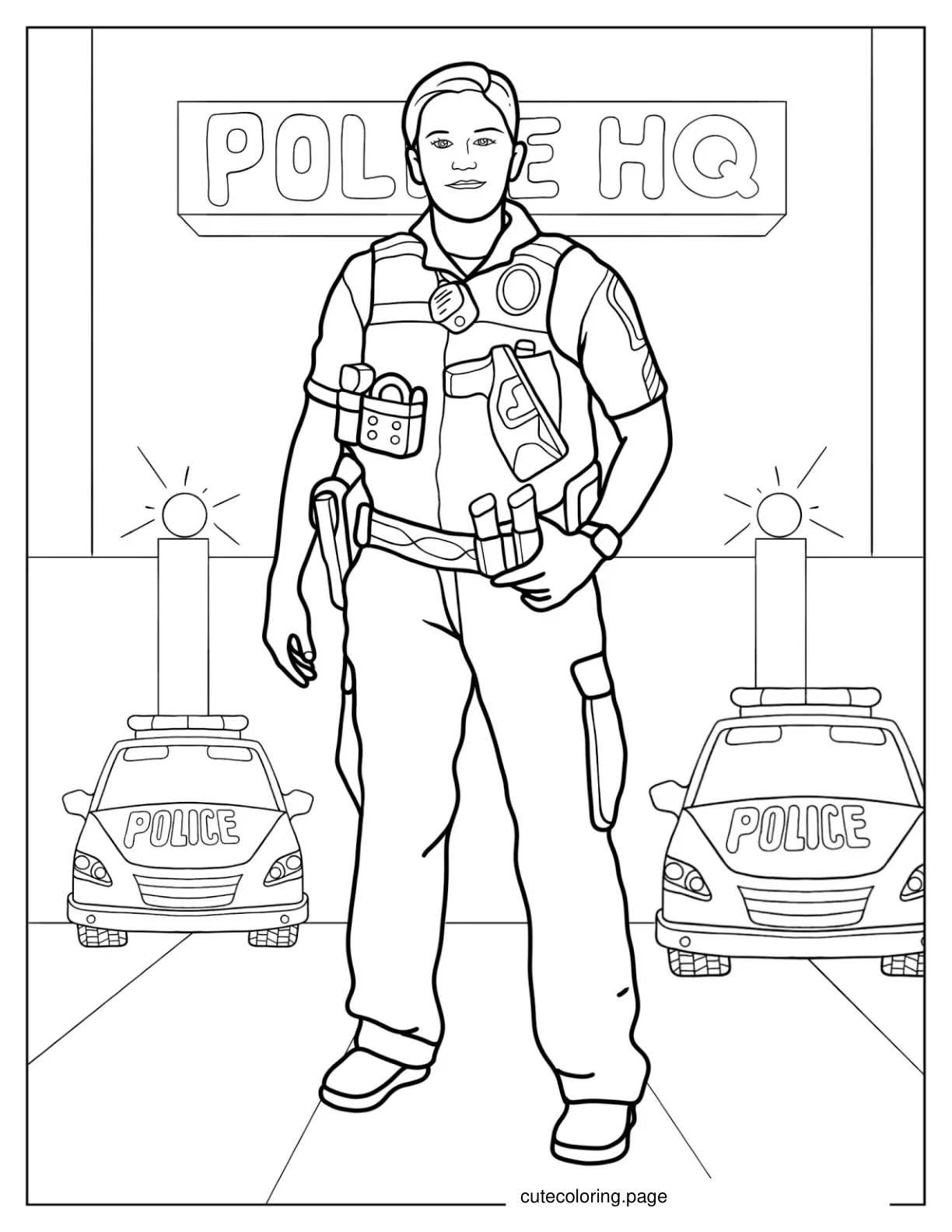 Police Woman In Front Of Police Station To Color 1 coloring page