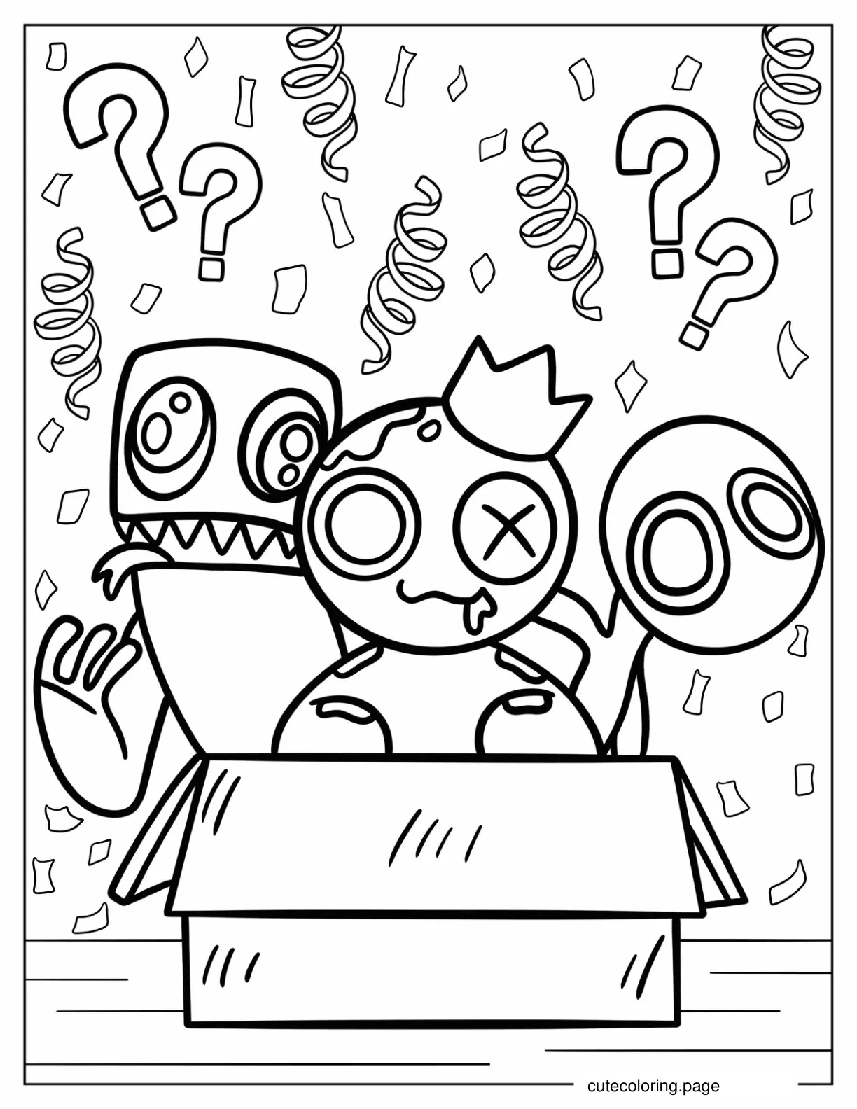 Blue Green And Purple Rainbow Friends Coming Out Of Box coloring page