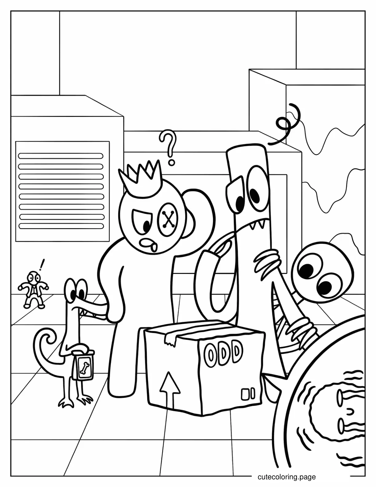 Rainbow Friends Looking At Odd Box Coloring Sheet coloring page