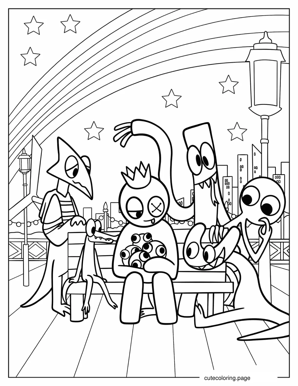 Rainbow Friends Watching Rainbow Babies On A Bench coloring page