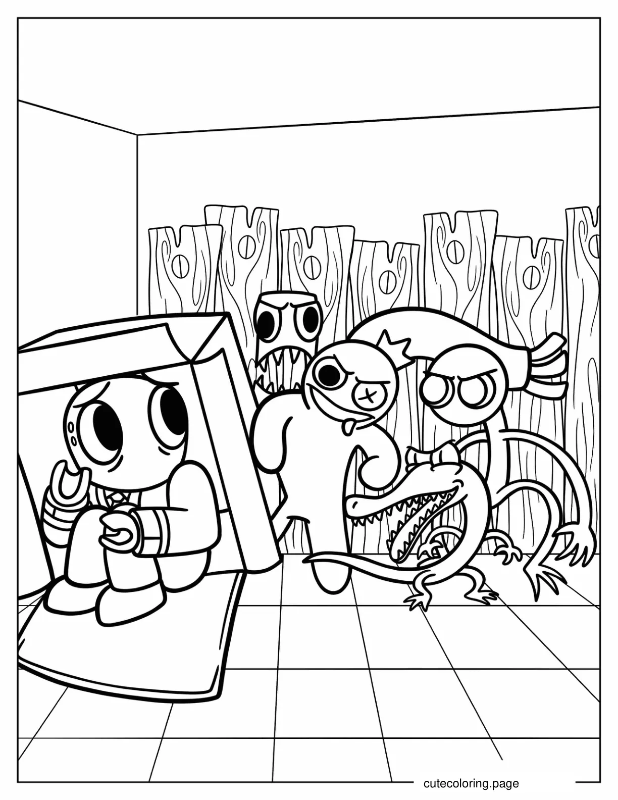 Red Friend Hiding From Scary Rainbow Friends Coloring Sheet coloring page